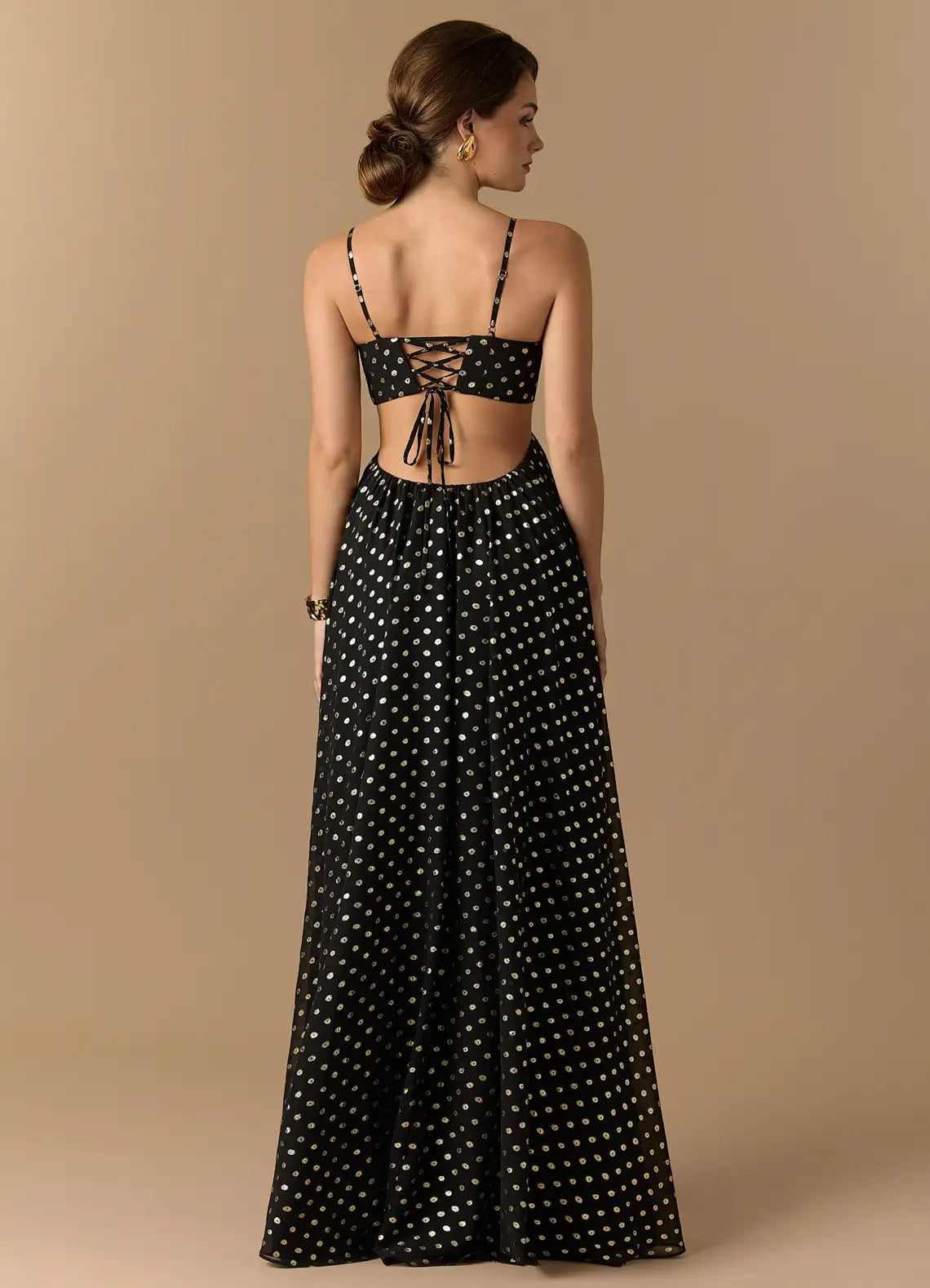 Black Thin Spaghetti Strap Cutout Polka Dot Chiffon Maxi Wedding Guest Dress
