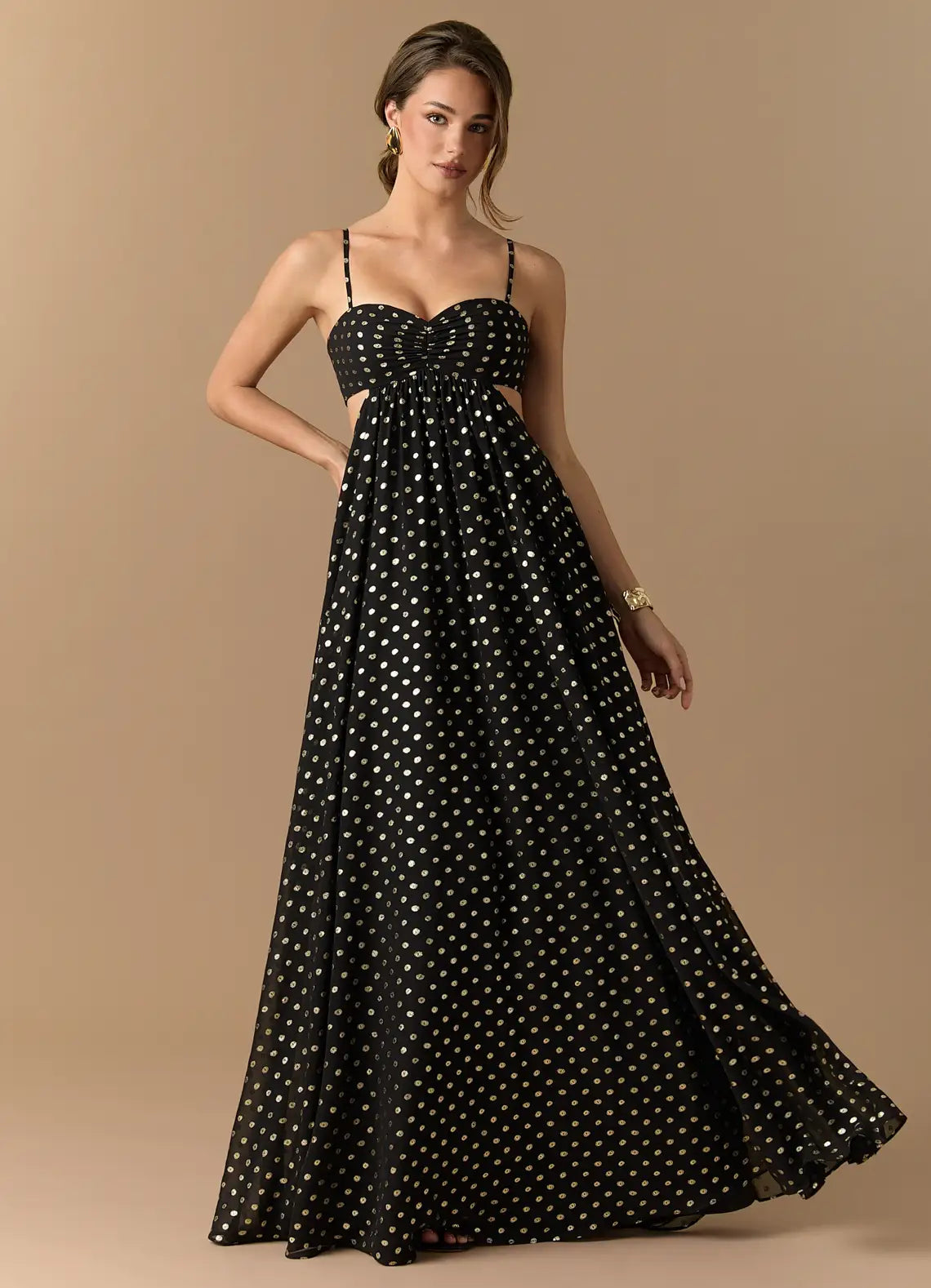 Black Thin Spaghetti Strap Cutout Polka Dot Chiffon Maxi Wedding Guest Dress