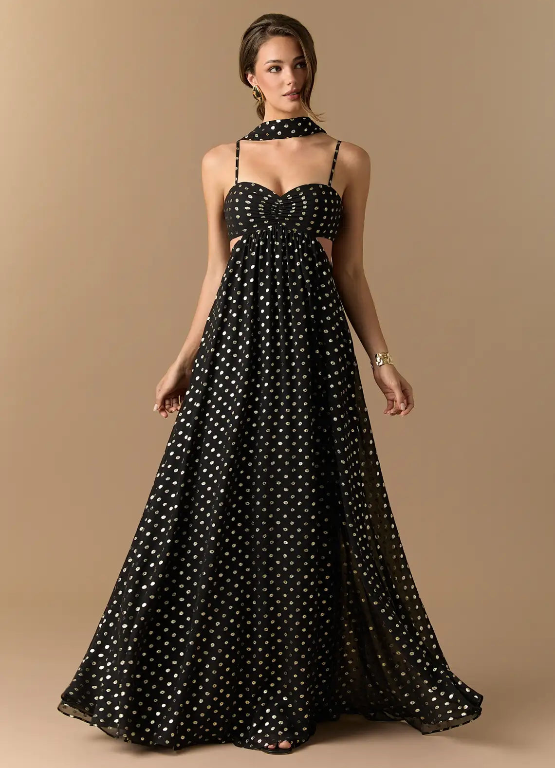 Black Thin Spaghetti Strap Cutout Polka Dot Chiffon Maxi Wedding Guest Dress