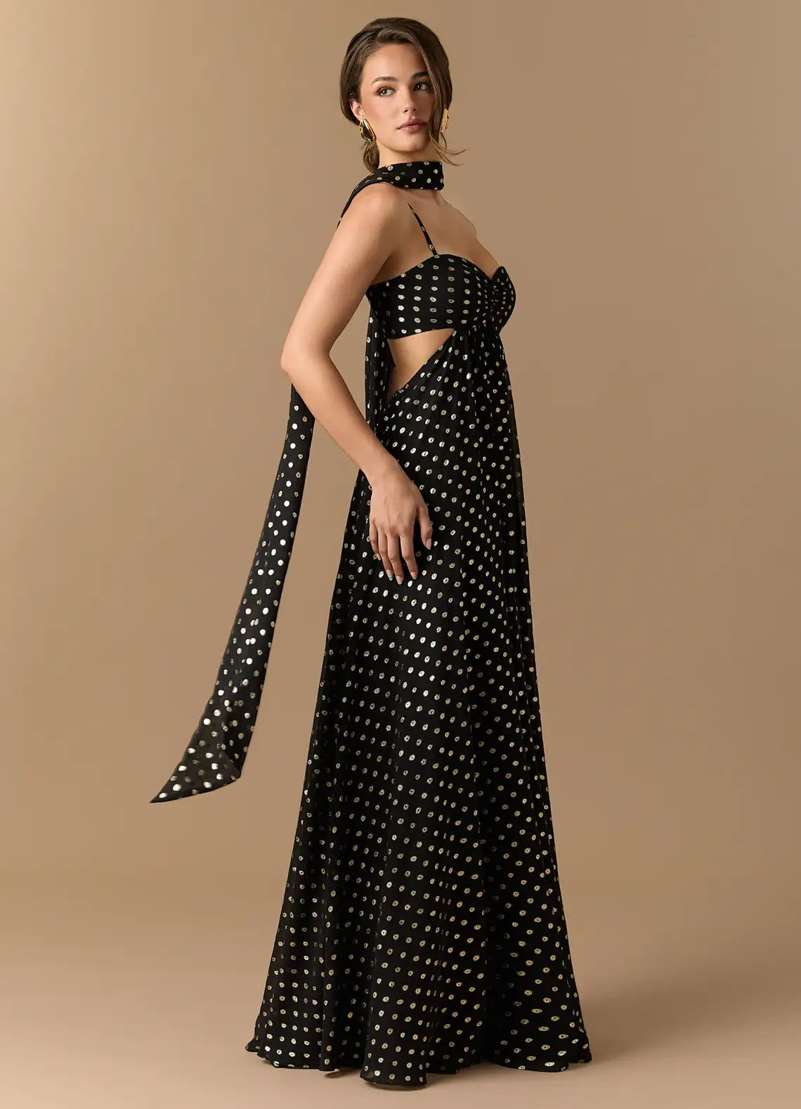 Black Thin Spaghetti Strap Cutout Polka Dot Chiffon Maxi Wedding Guest Dress