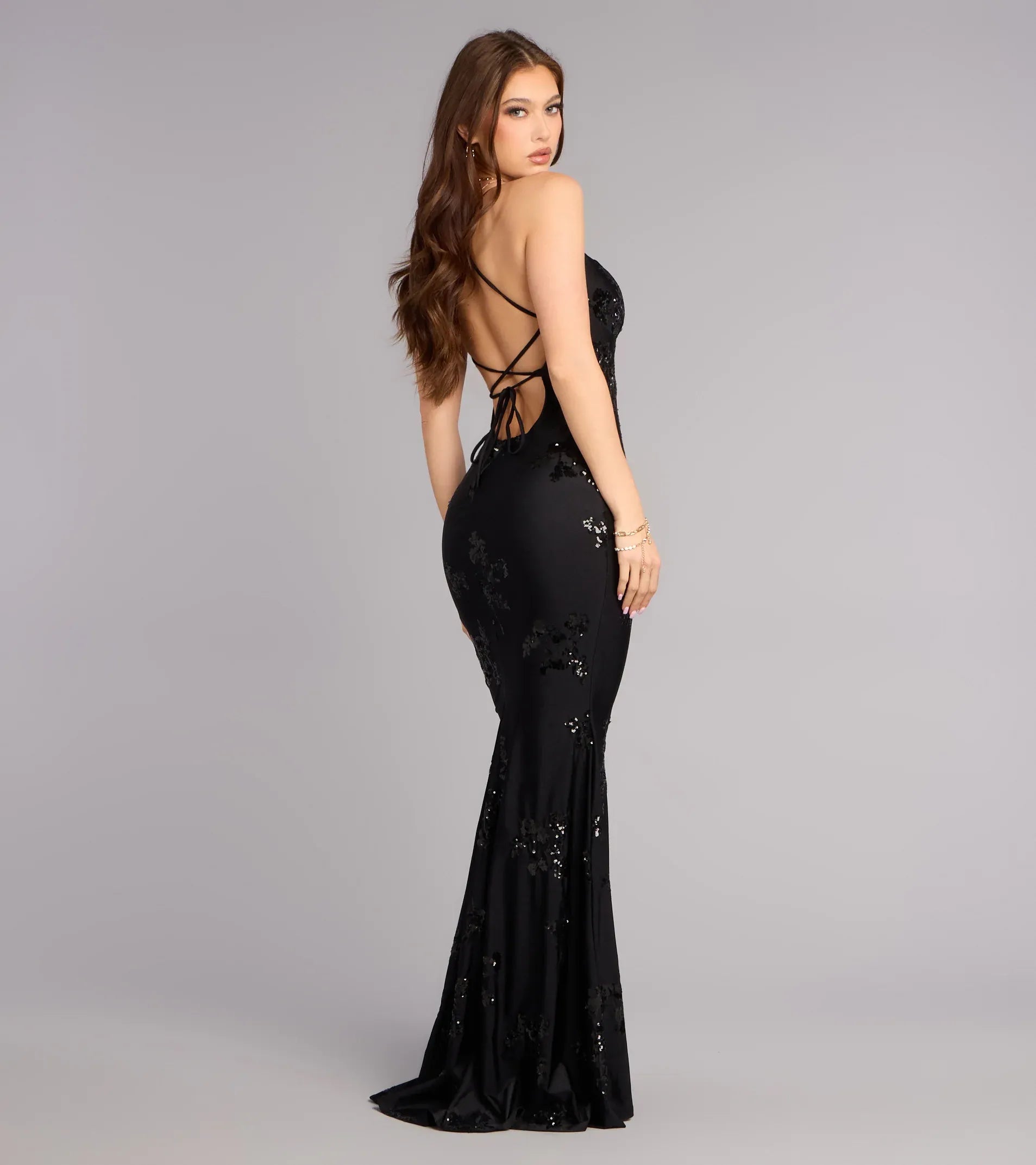 Black Thin Spaghetti Strap Floral Sequin Lace Up Back Mermaid Maxi Wedding Guest Dress