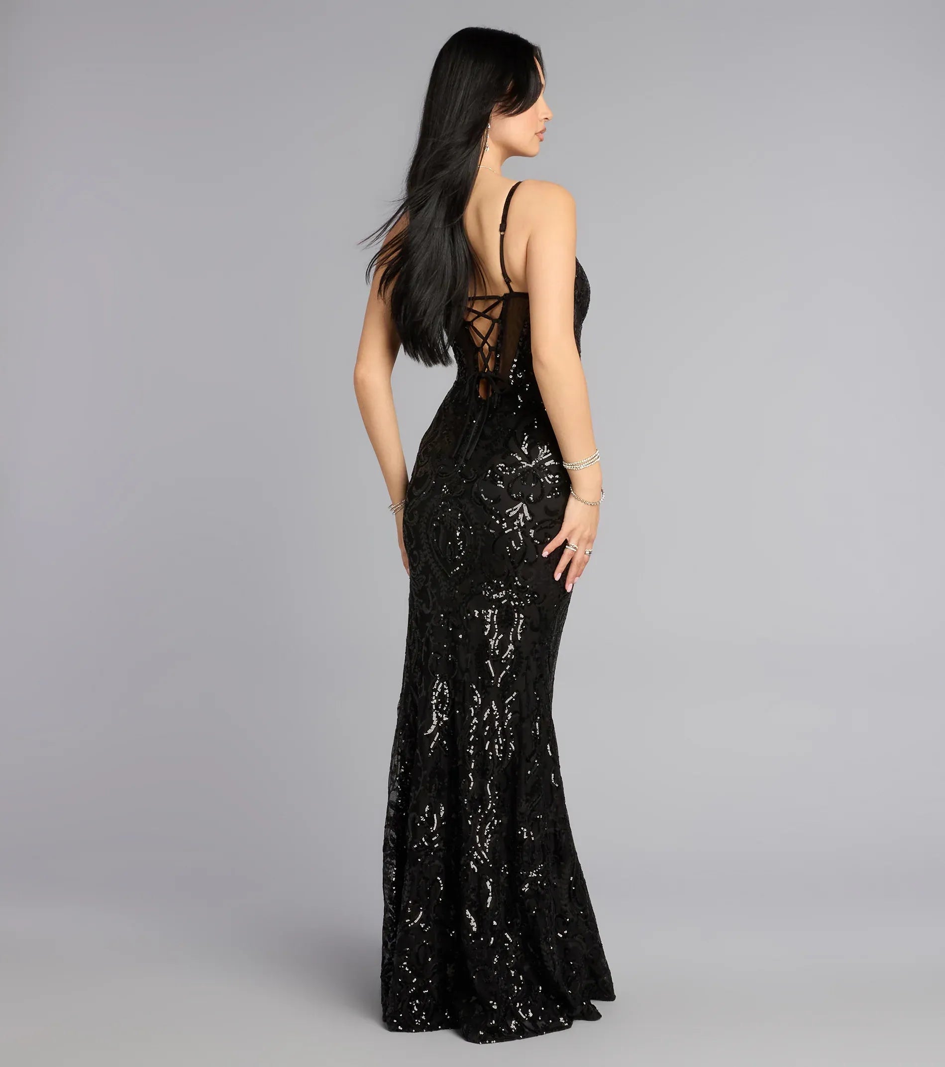 Black Thin Spaghetti Strap Mesh Corset Lace Up Back High Slit Sequin Mermaid Maxi Wedding Guest Dress