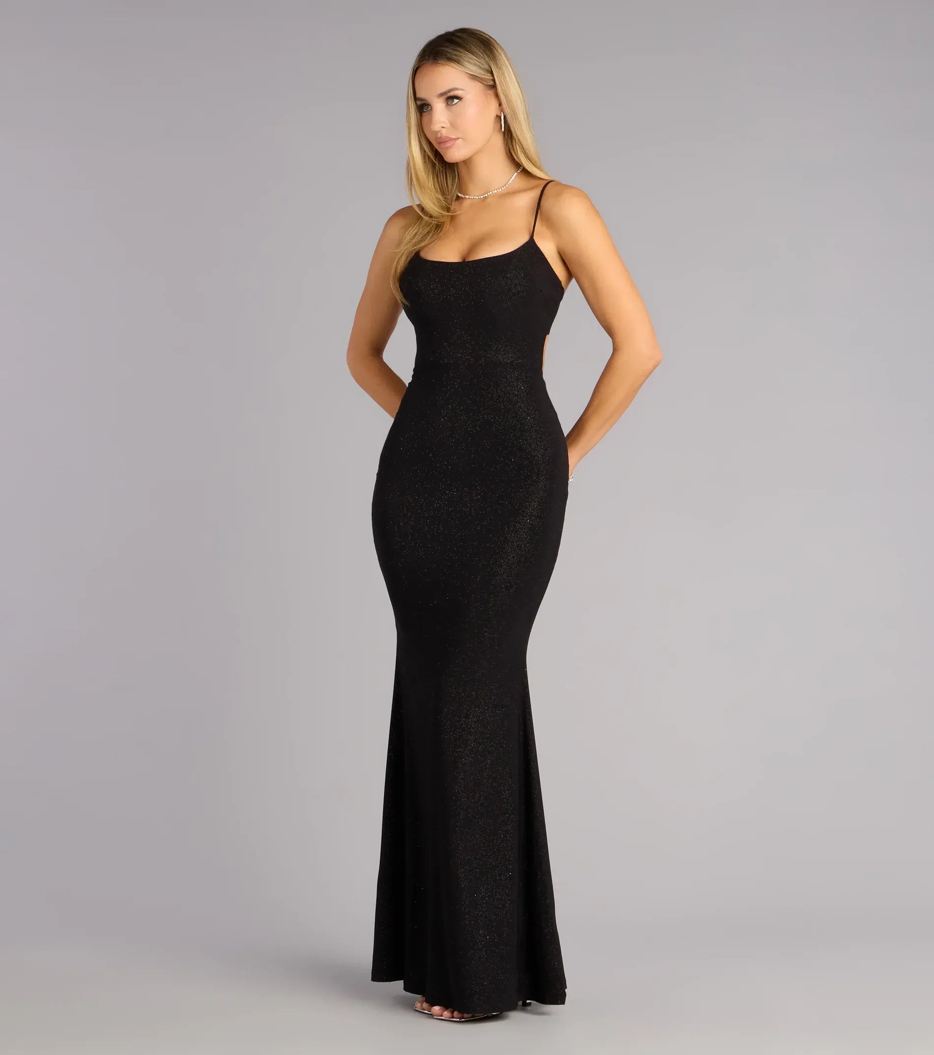 Black Thin Spaghetti Strap Scoop Crisscross Lace Up Back Glitter Mermaid Maxi Wedding Guest Dress