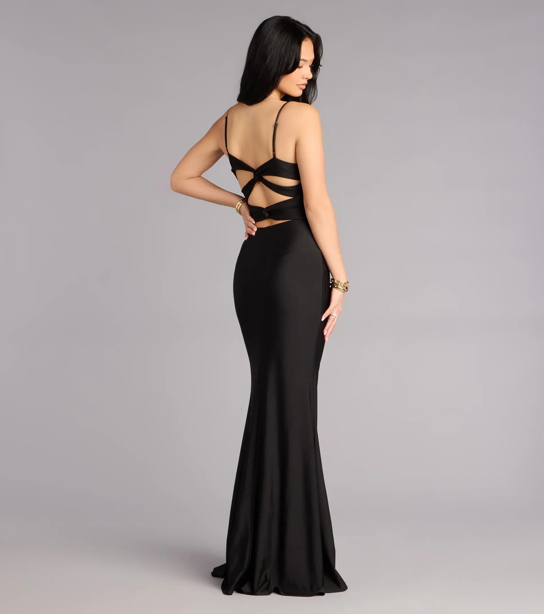 Black Thin Spaghetti Strap Twist V Neck Cross Cutout Back Mermaid Maxi Wedding Guest Dress