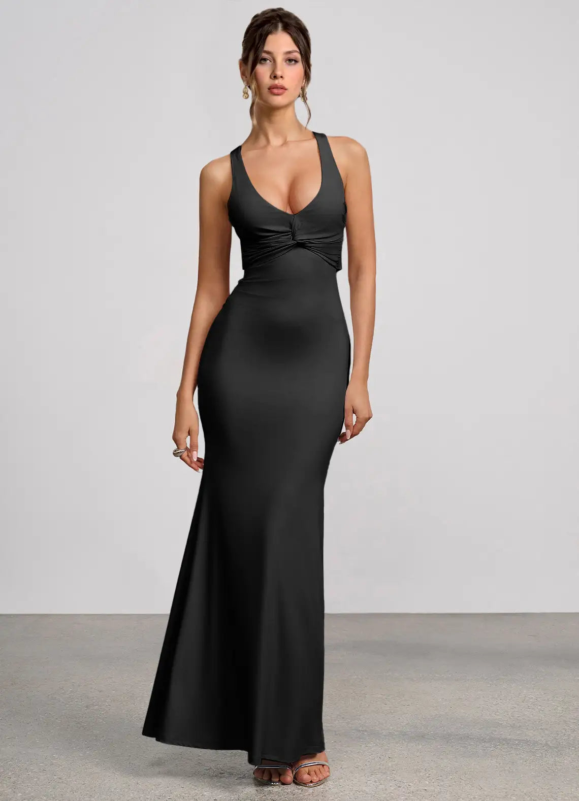 Black Thin Strap Deep V Twist Cross Back Tie Ruched Mermaid Maxi Wedding Guest Dress