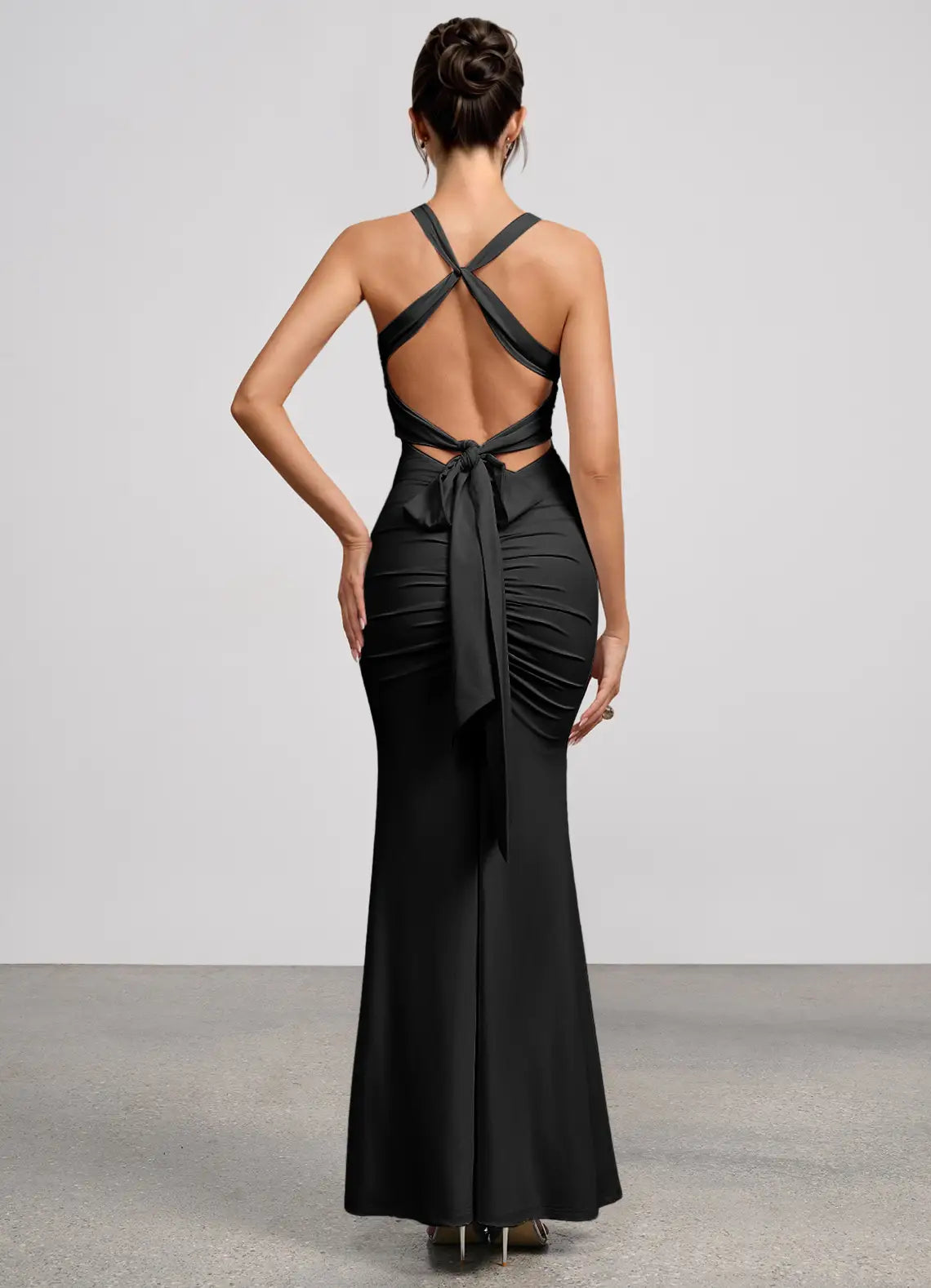 Black Thin Strap Deep V Twist Cross Back Tie Ruched Mermaid Maxi Wedding Guest Dress