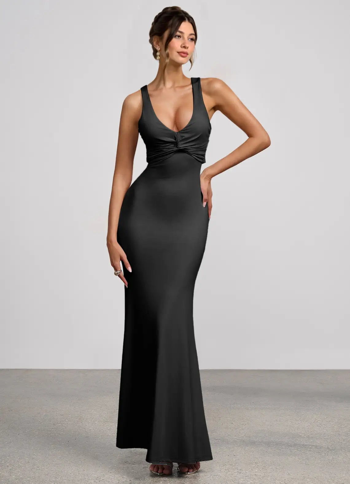 Black Thin Strap Deep V Twist Cross Back Tie Ruched Mermaid Maxi Wedding Guest Dress