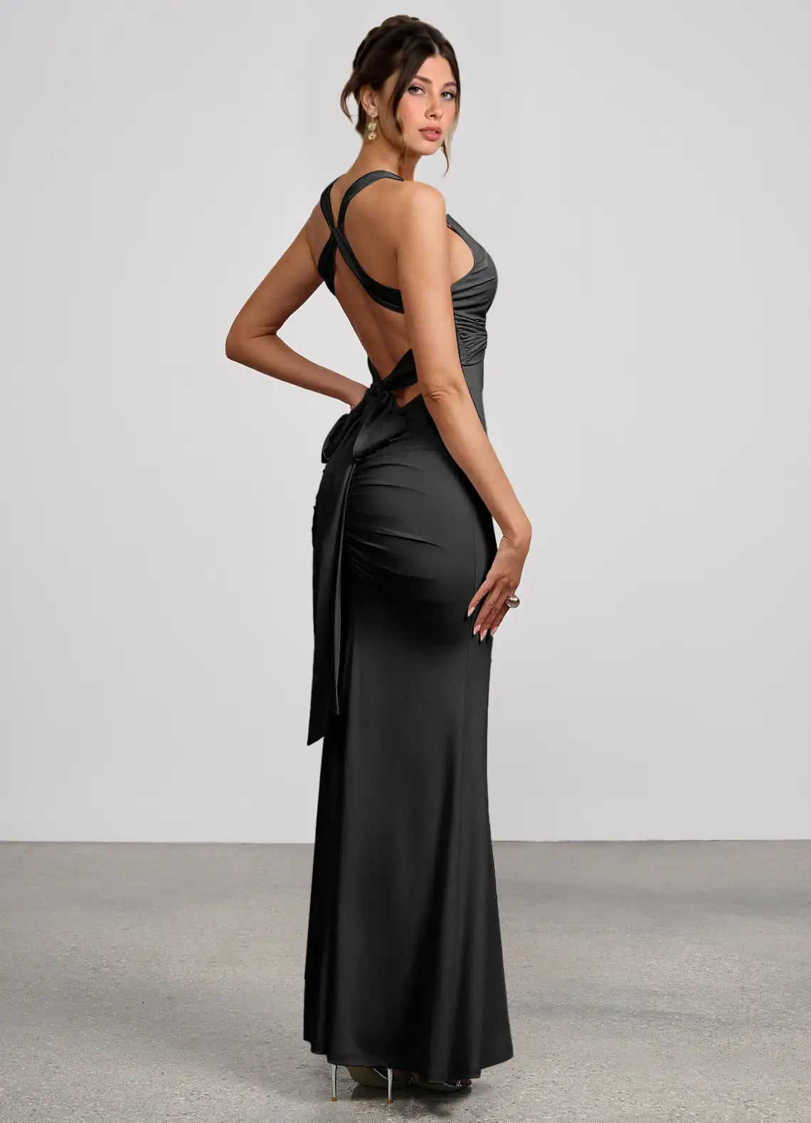 Black Thin Strap Deep V Twist Cross Back Tie Ruched Mermaid Maxi Wedding Guest Dress