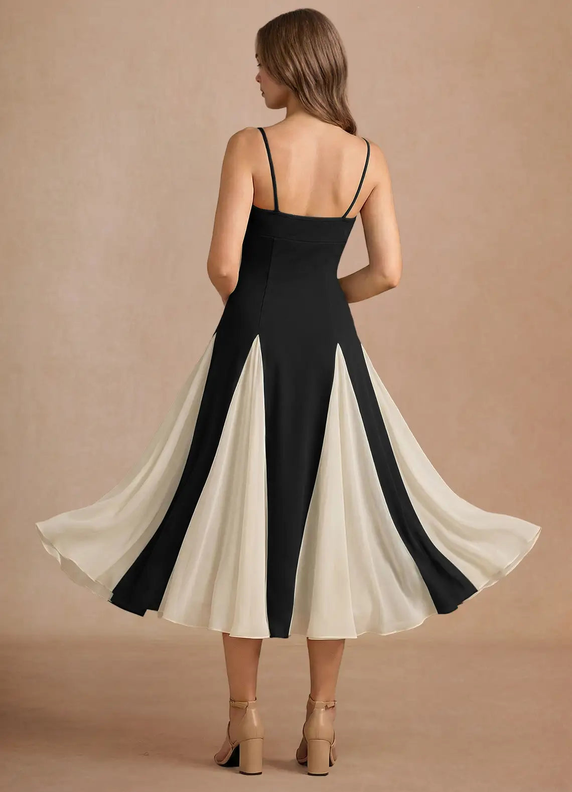 Black White Spaghetti Strap Color Block Flare Midi Wedding Guest Dress