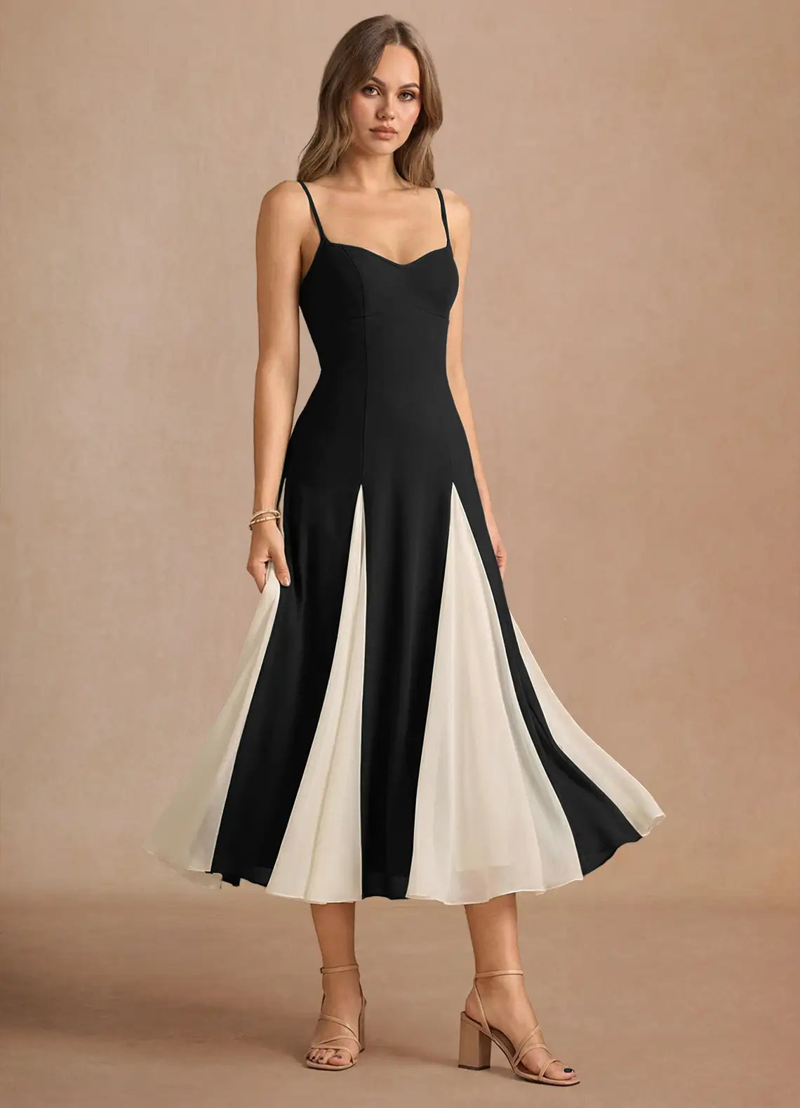 Black White Spaghetti Strap Color Block Flare Midi Wedding Guest Dress