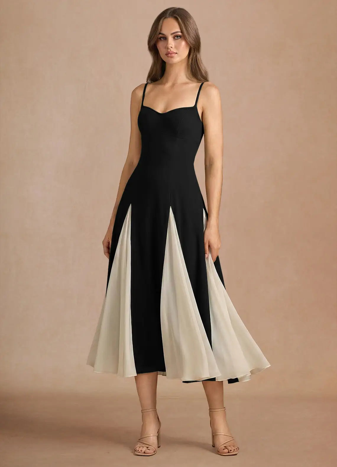 Black White Spaghetti Strap Color Block Flare Midi Wedding Guest Dress