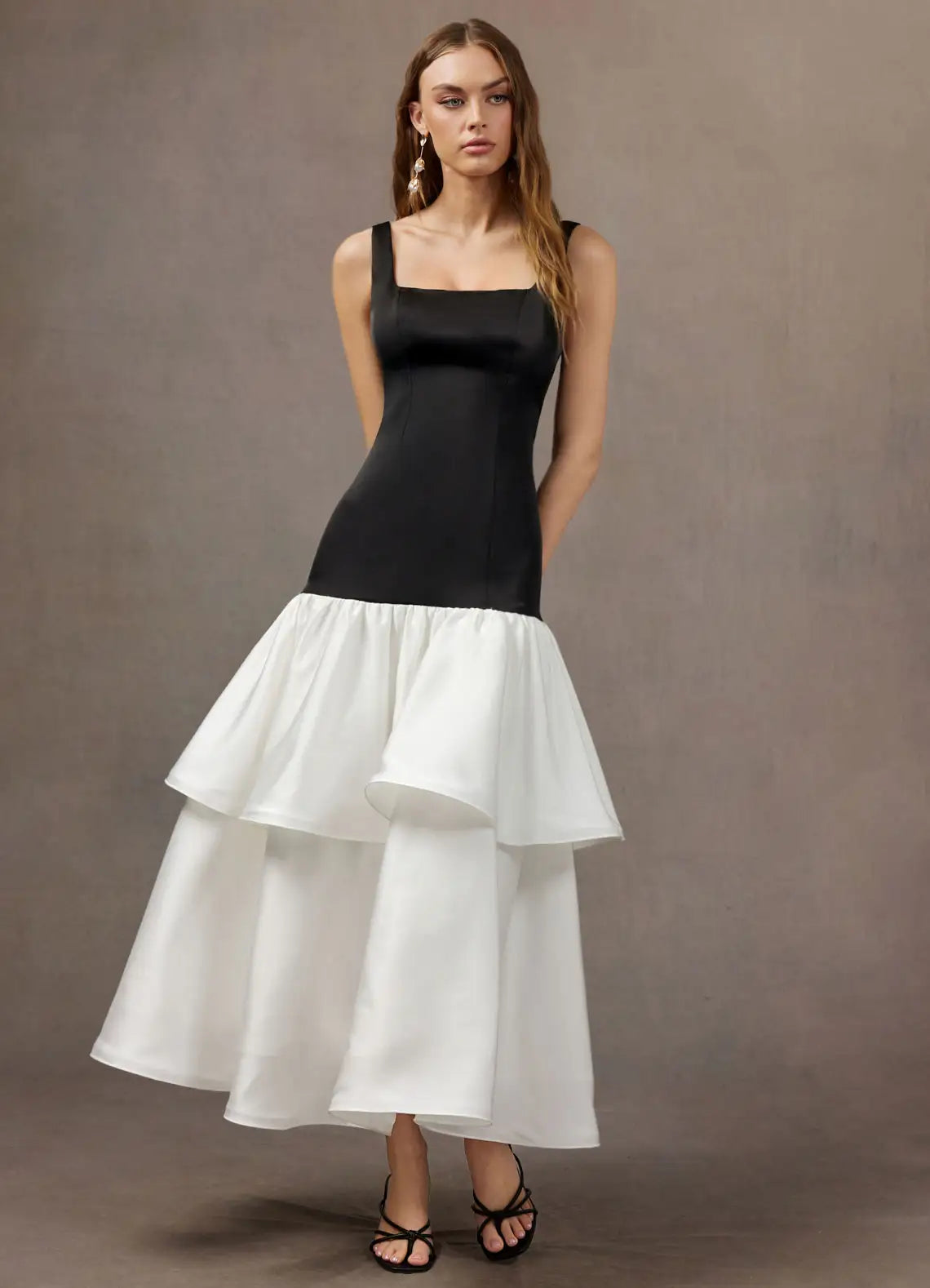 Black White Square Wide Strap Two Tier Ruffle Satin Midi Wedding Guest Dress