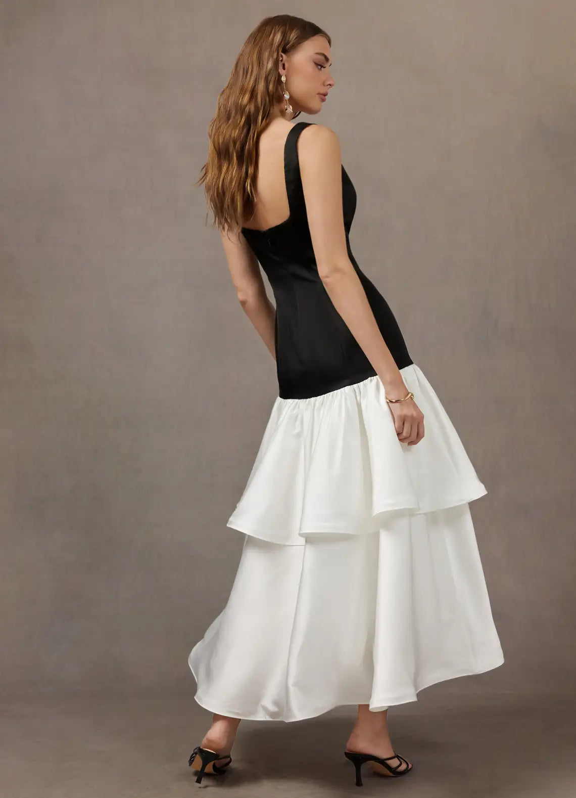 Black White Square Wide Strap Two Tier Ruffle Satin Midi Wedding Guest Dress