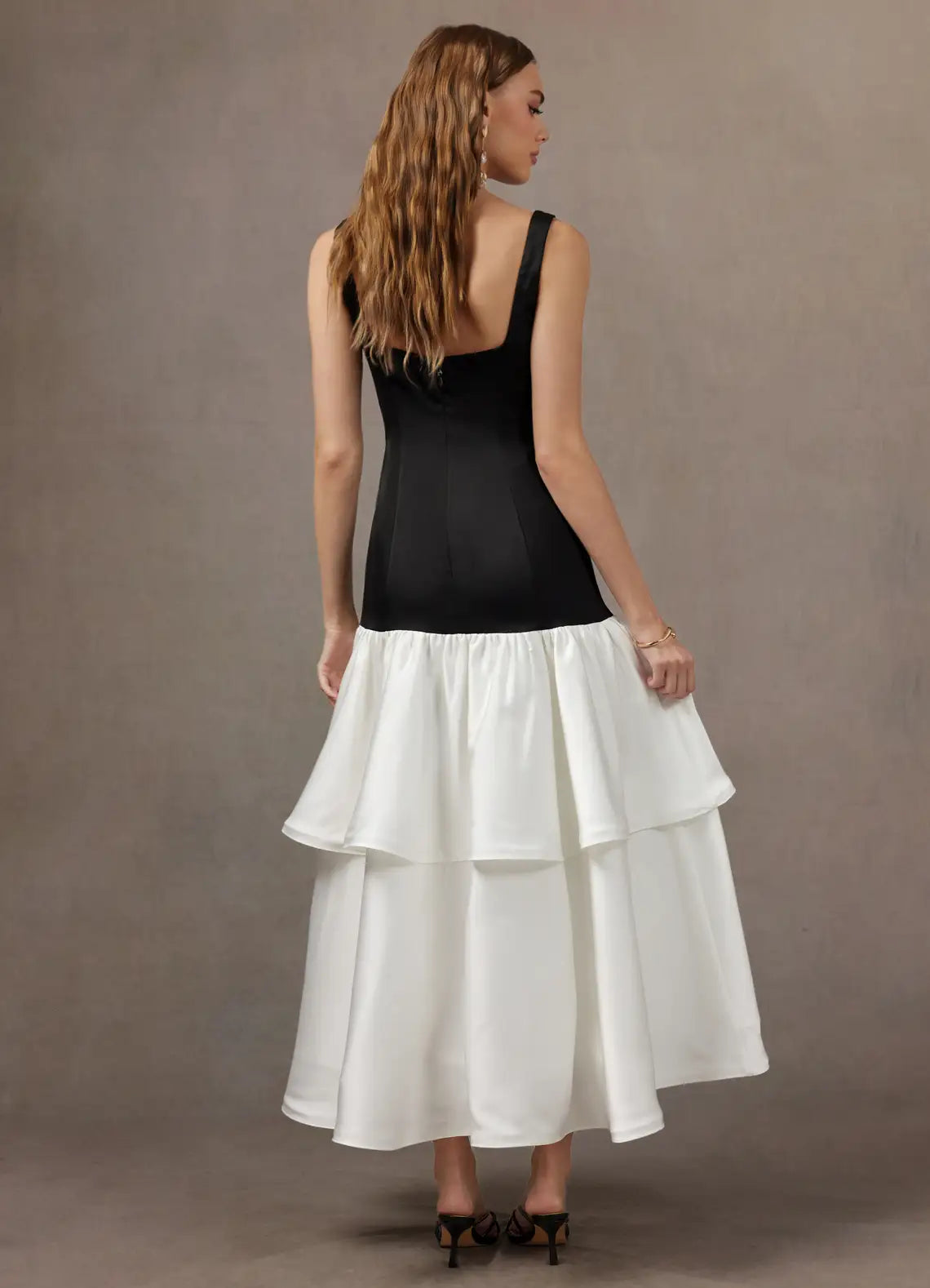 Black White Square Wide Strap Two Tier Ruffle Satin Midi Wedding Guest Dress
