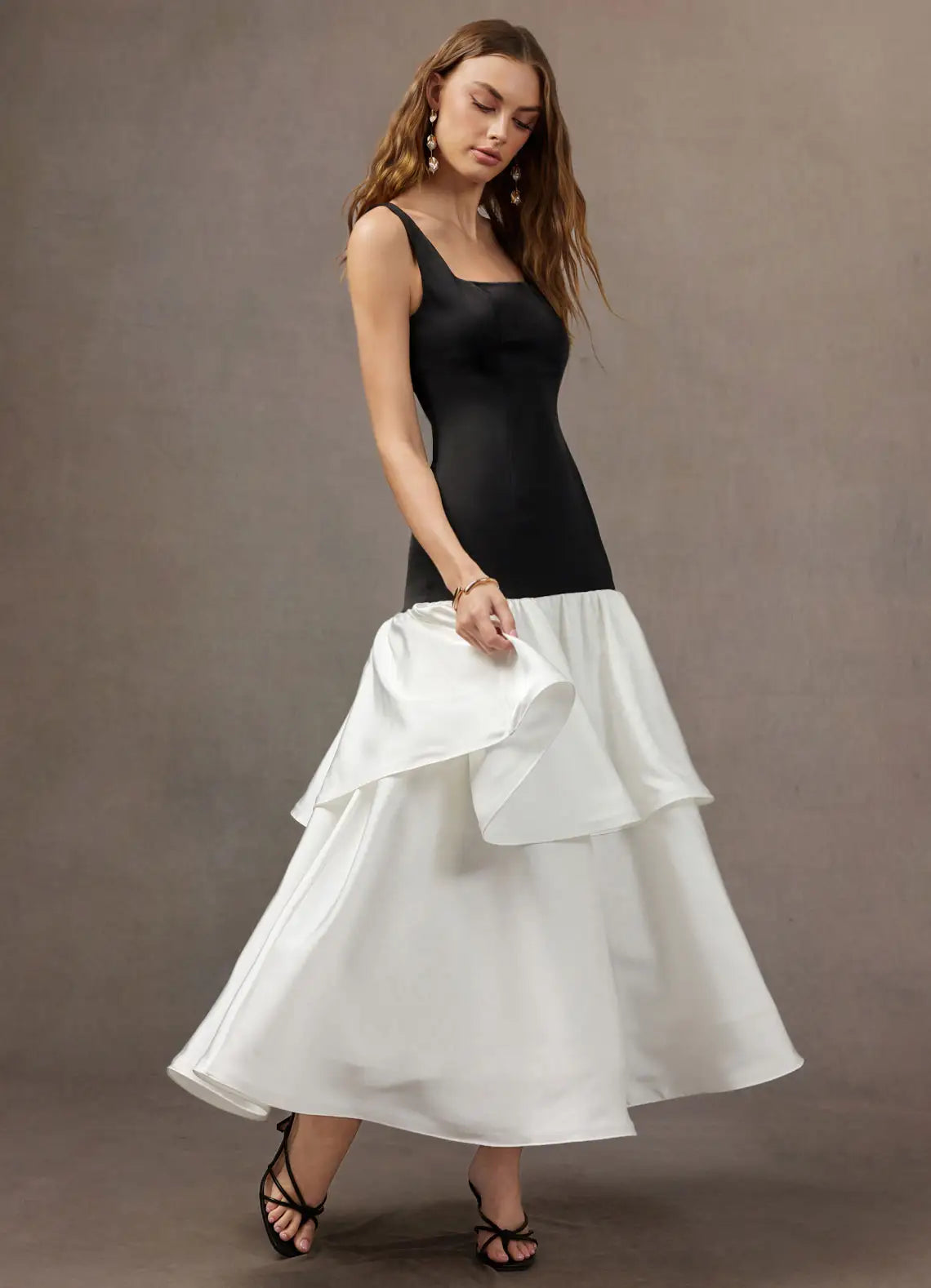 Black White Square Wide Strap Two Tier Ruffle Satin Midi Wedding Guest Dress
