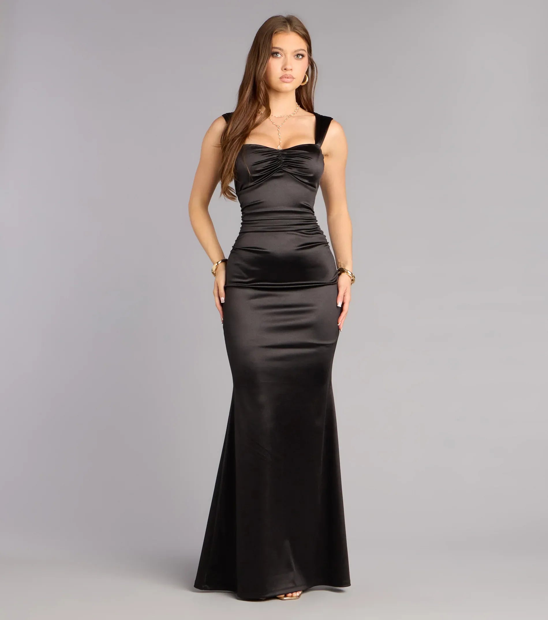 Black Wide Strap Ruched Sweetheart Lace Up Mermaid Maxi Wedding Guest Dress