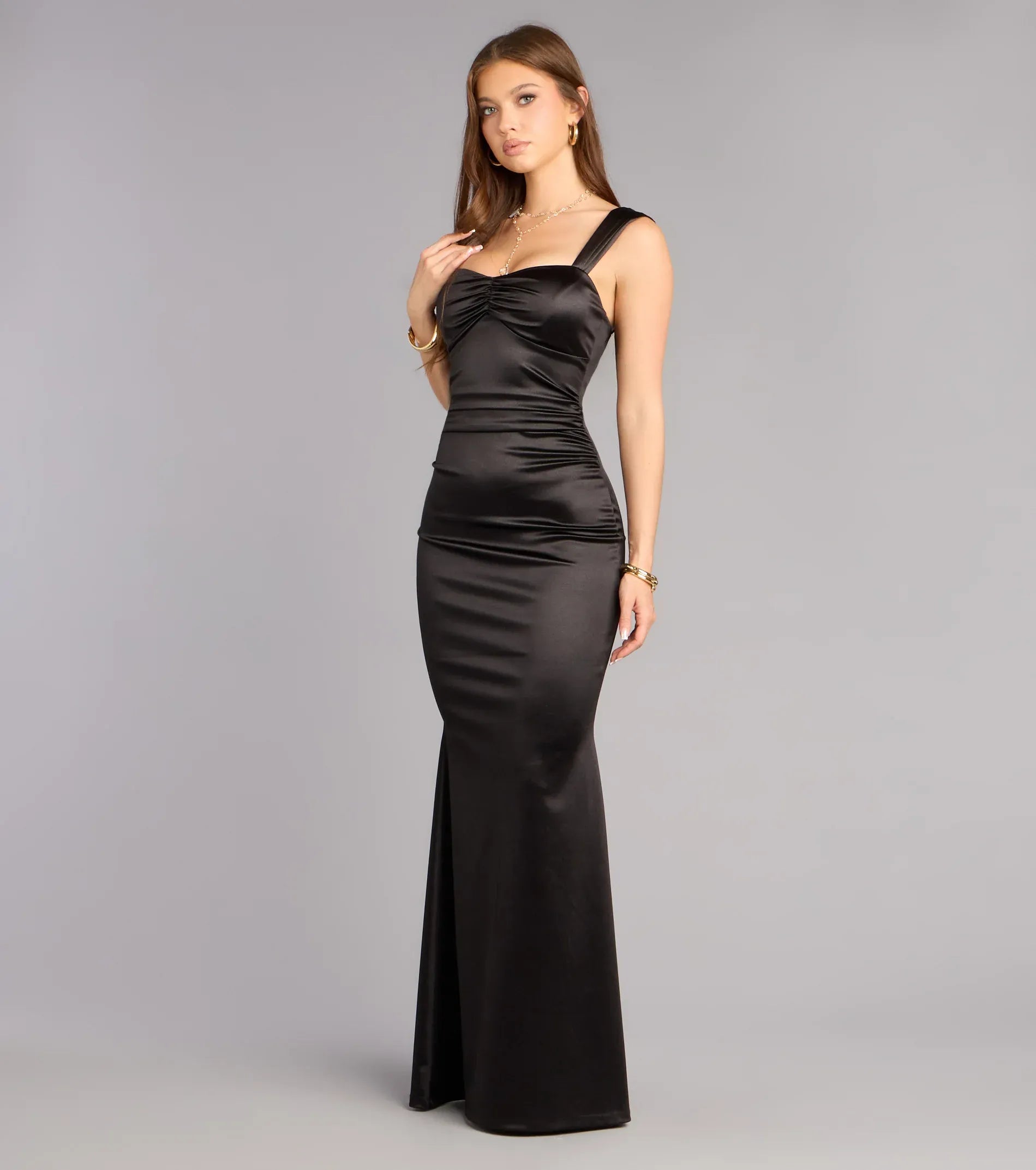 Black Wide Strap Ruched Sweetheart Lace Up Mermaid Maxi Wedding Guest Dress
