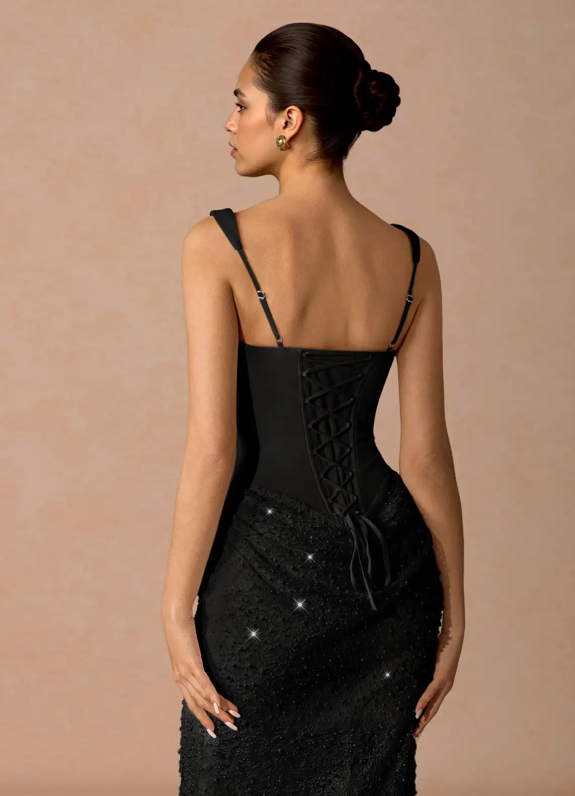 Black Wide Strap Square Corset Draped Sequin Mermaid Maxi Wedding Guest Dress