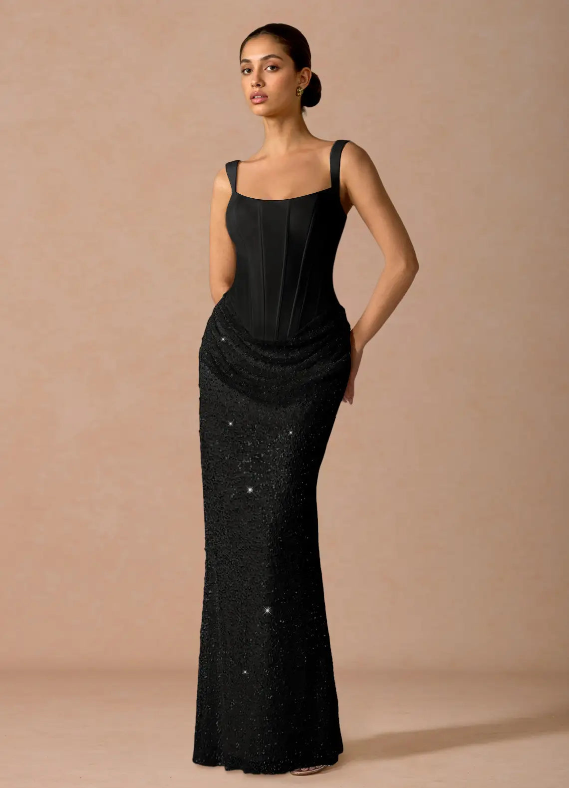 Black Wide Strap Square Corset Draped Sequin Mermaid Maxi Wedding Guest Dress