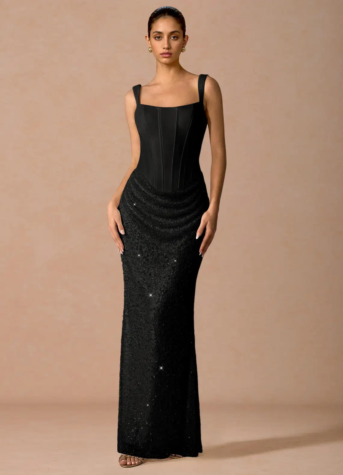 Black Wide Strap Square Corset Draped Sequin Mermaid Maxi Wedding Guest Dress