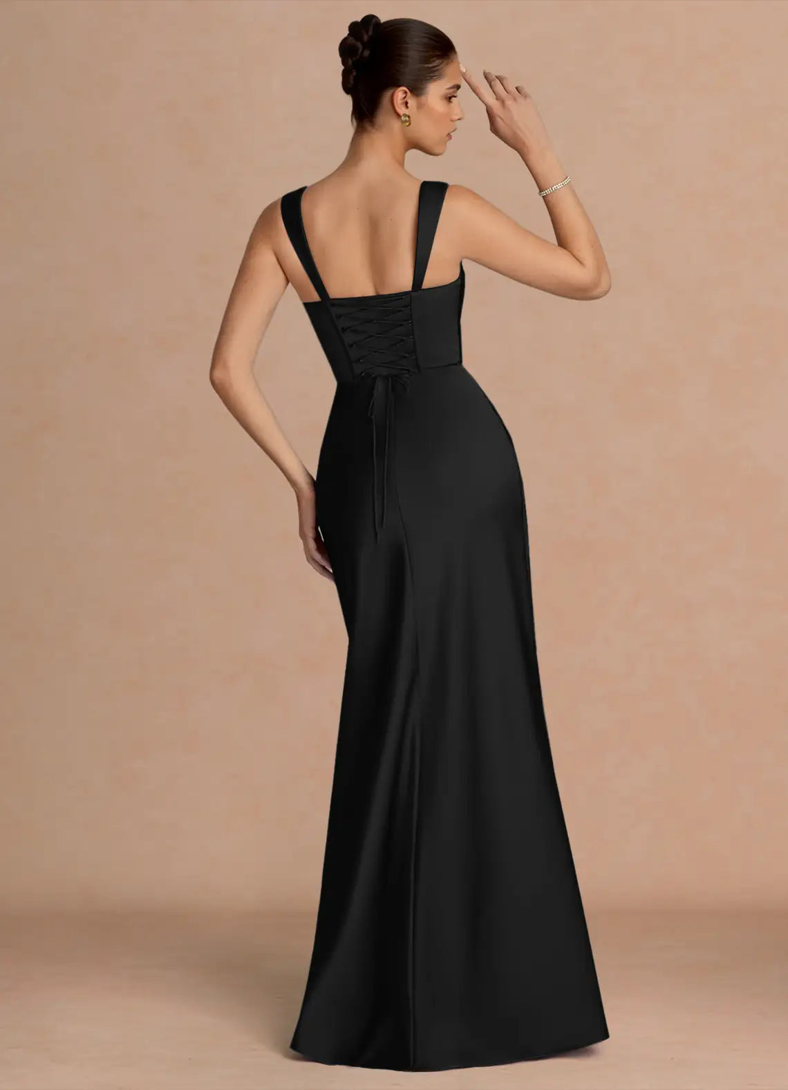 Black Wide Strap Square Neck Ruched Lace-Up Back Satin Mermaid Maxi Dress