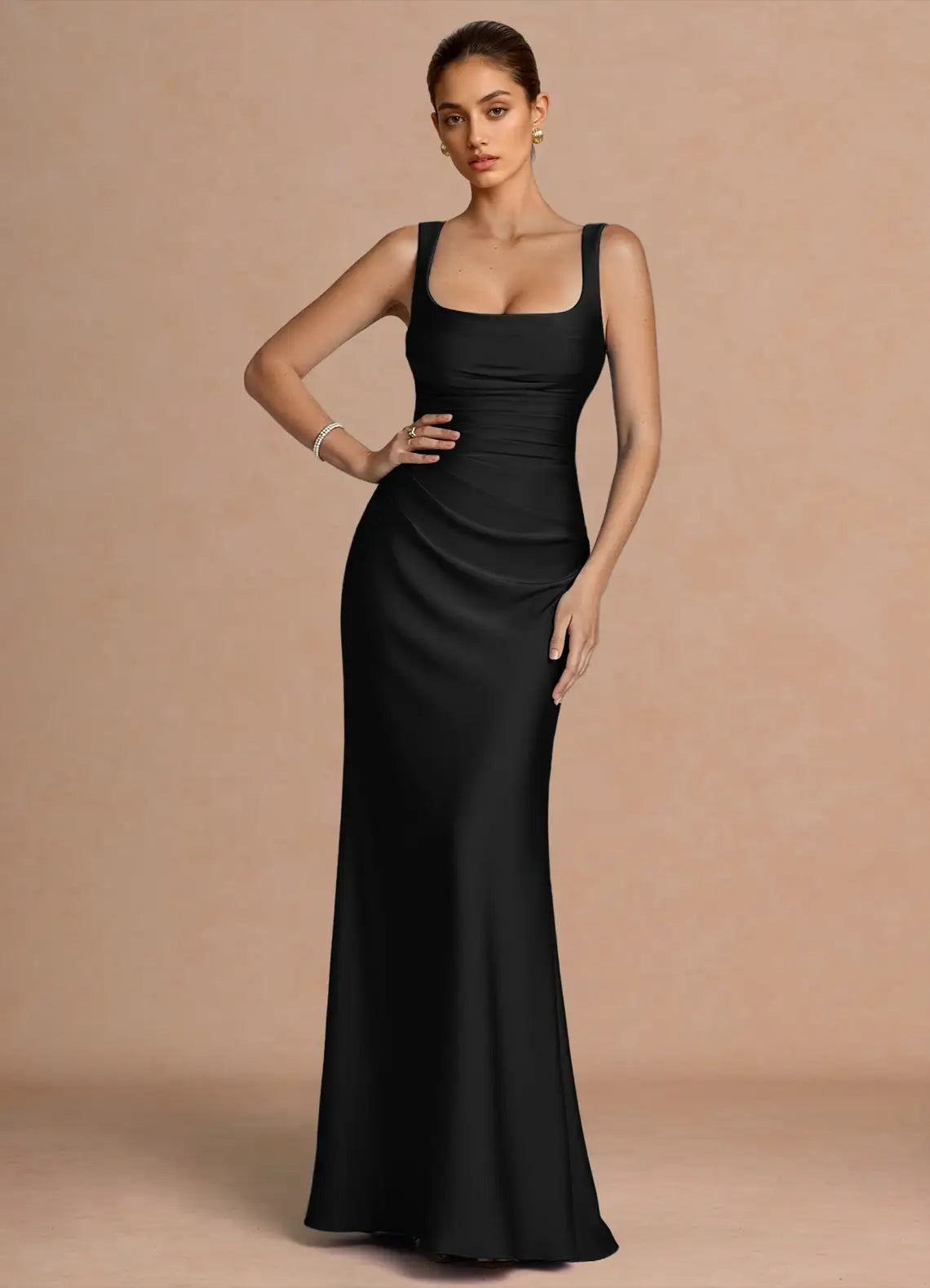 Black Wide Strap Square Neck Ruched Lace-Up Back Satin Mermaid Maxi Dress
