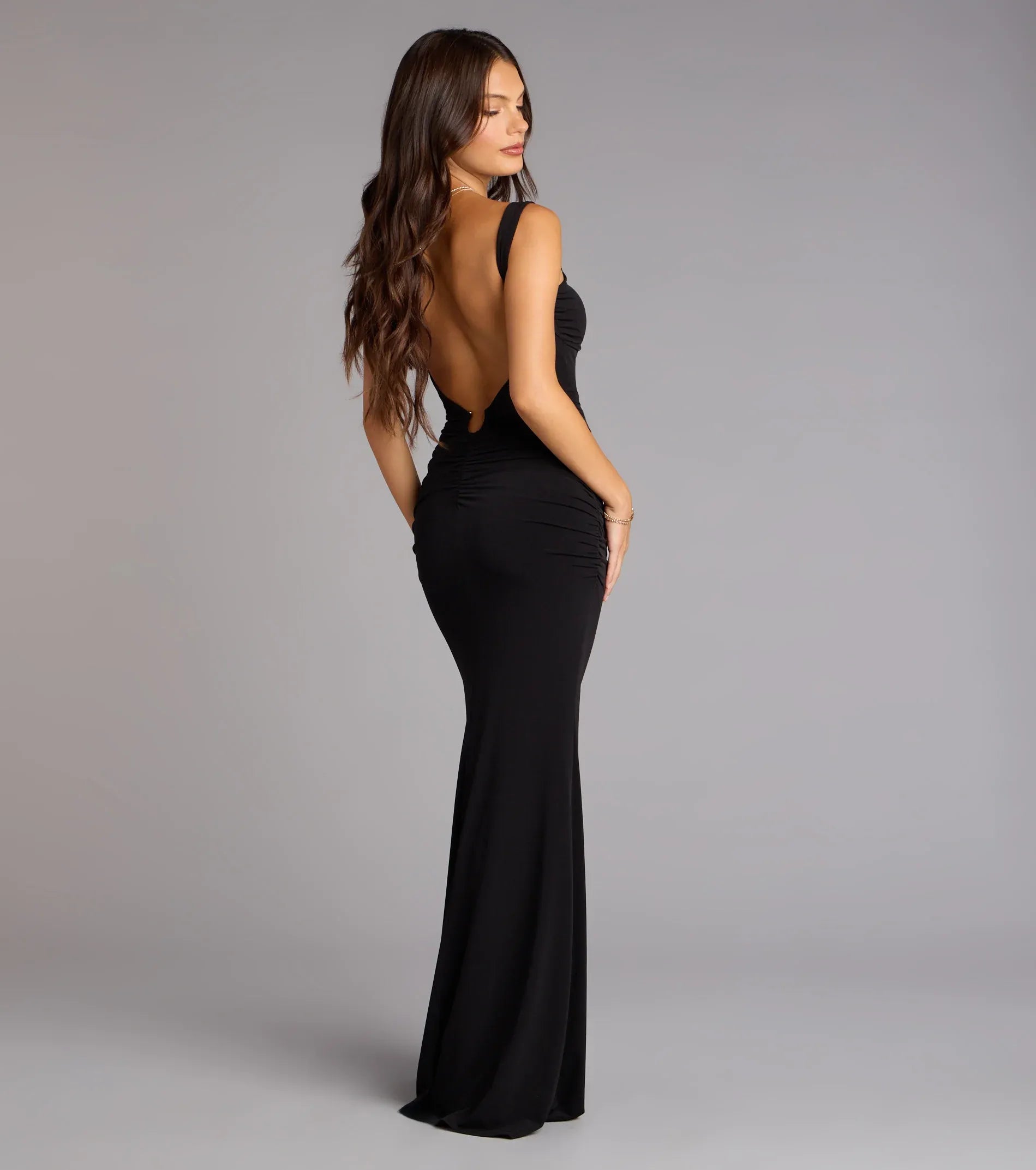 Black Wide Strap Sweetheart Ruched Low Back Slit Mermaid Maxi Wedding Guest Dress