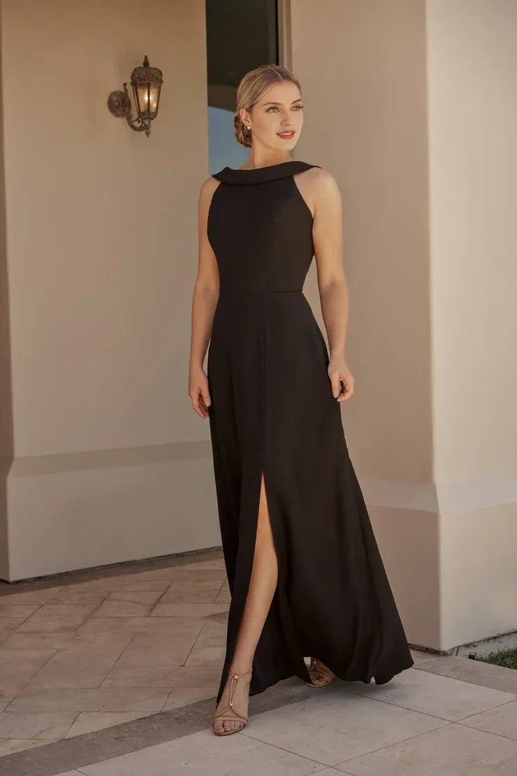 Black Crepe Cowl‑Back Fold‑Over Neck High‑Slit A‑Line Bridesmaid Dresses