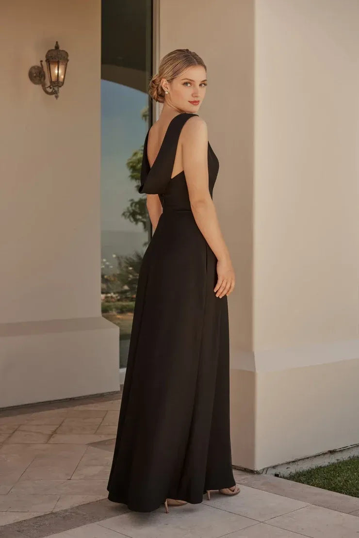 Black Crepe Cowl‑Back Fold‑Over Neck High‑Slit A‑Line Bridesmaid Dresses