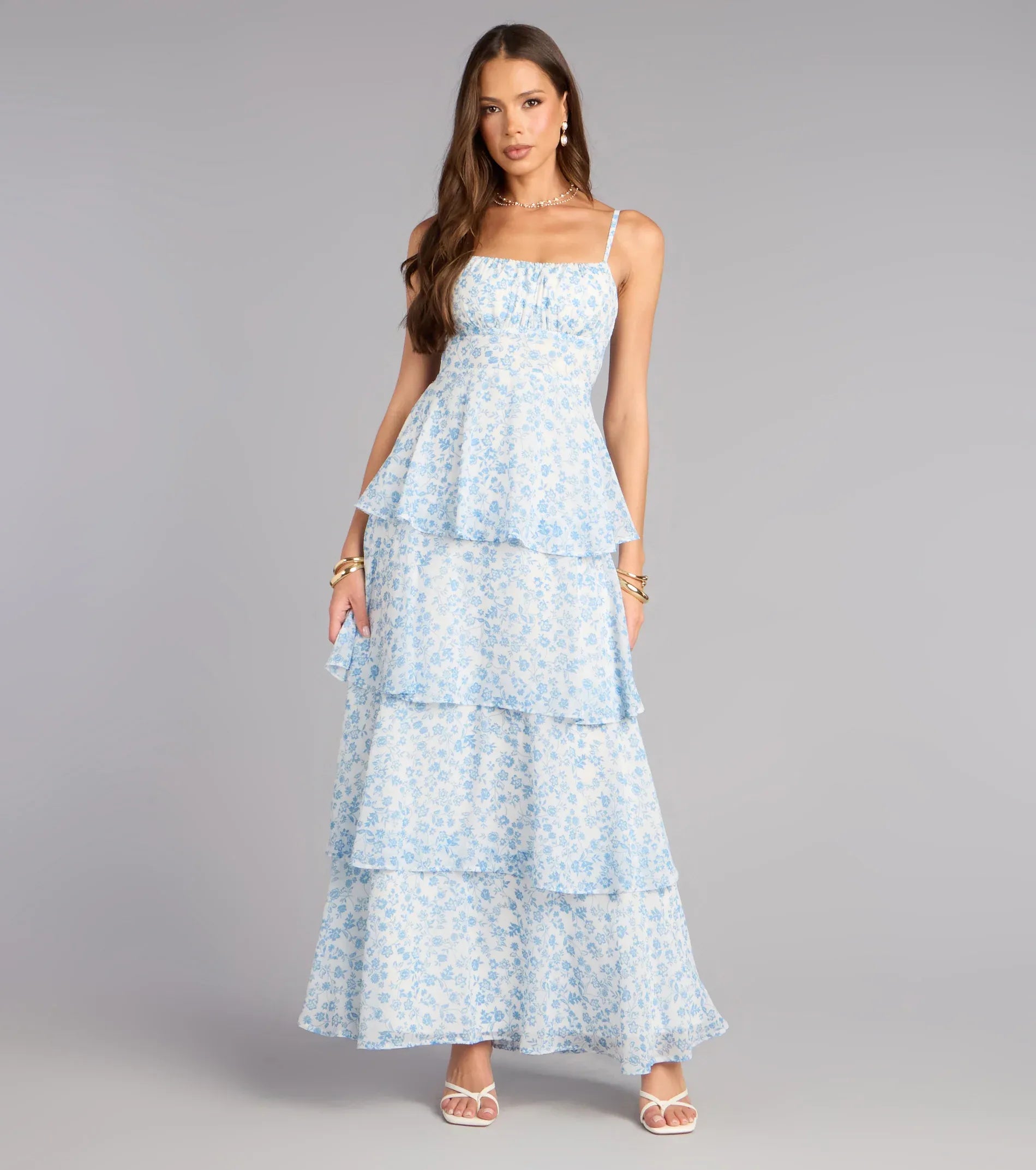 Blue Floral Spaghetti Strap Tiered Ruffle Maxi Wedding Guest Dress
