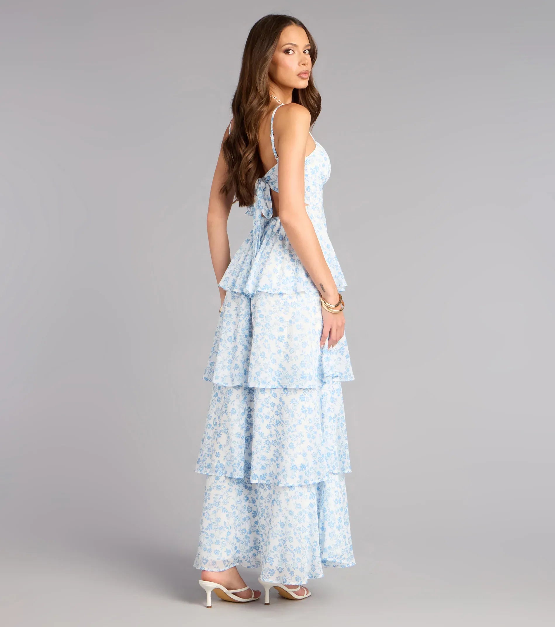 Blue Floral Spaghetti Strap Tiered Ruffle Maxi Wedding Guest Dress
