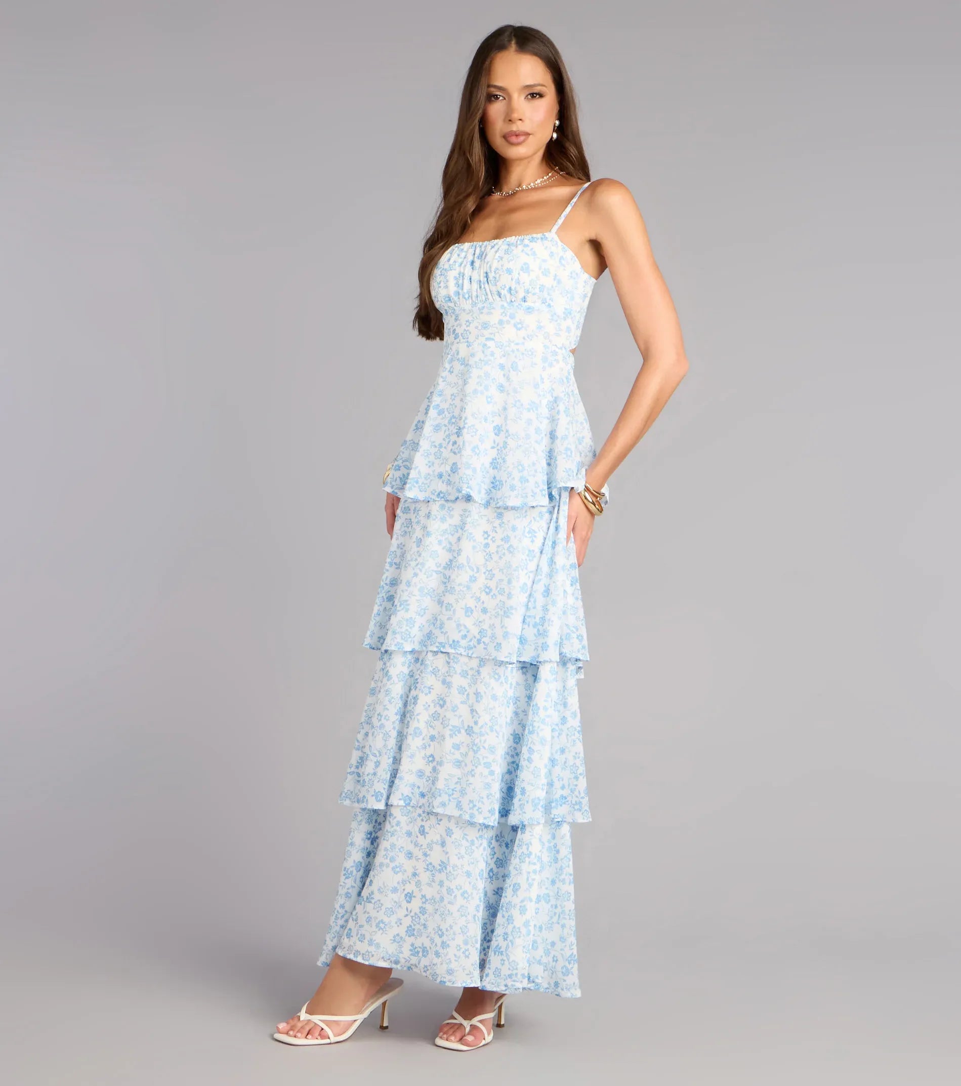 Blue Floral Spaghetti Strap Tiered Ruffle Maxi Wedding Guest Dress