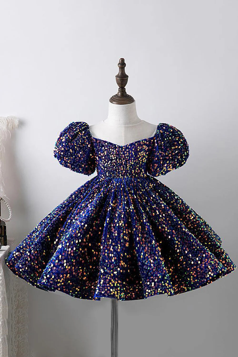 Blue A Line Puff Sleeves Sequins Girls Dresses