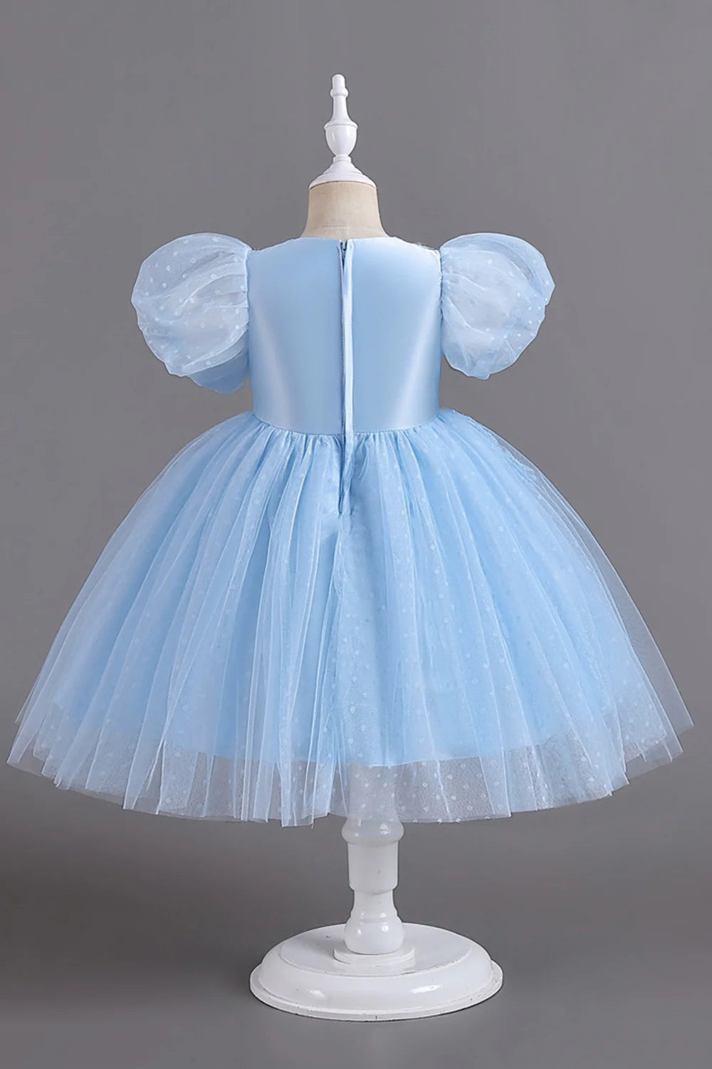 Blue Round Neck Puff Sleeves Girls Dresses