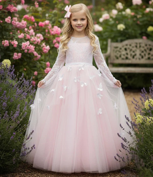 Blush Butterfly Tulle A Line Round Neck Long Sleeve Lace Bow Back Floor Length Flower Girl Wedding Dress