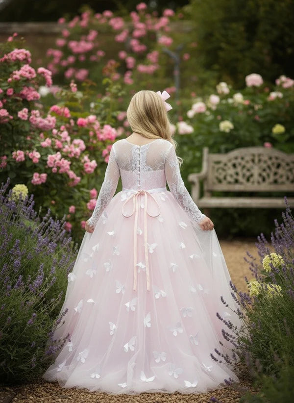 Blush Butterfly Tulle A Line Round Neck Long Sleeve Lace Bow Back Floor Length Flower Girl Wedding Dress