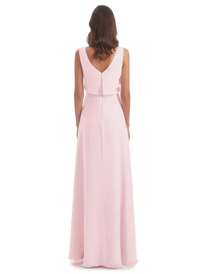 Blush Cowl Neck Sleeveless Layered Overlay Floor Length A Line Chiffon Bridesmaid Dress