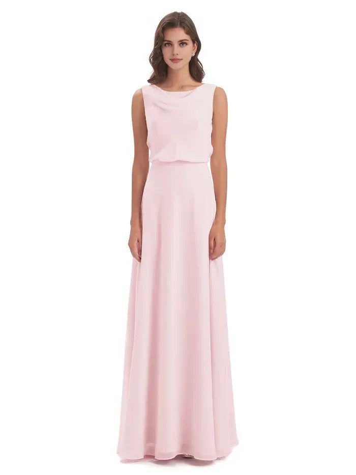Blush Cowl Neck Sleeveless Layered Overlay Floor Length A Line Chiffon Bridesmaid Dress