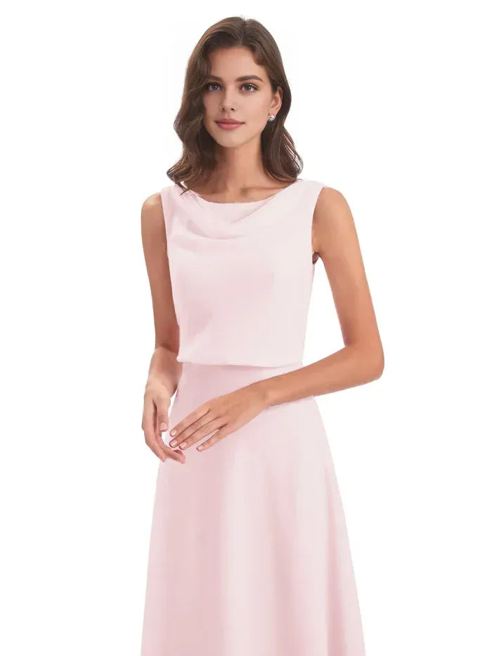 Blush Cowl Neck Sleeveless Layered Overlay Floor Length A Line Chiffon Bridesmaid Dress