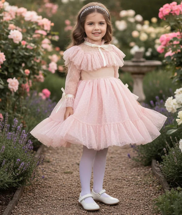 Blush Dot Tulle A Line Ruffle High Neck Long Sleeve Bow Plain Back Knee Length Flower Girl Party Dress