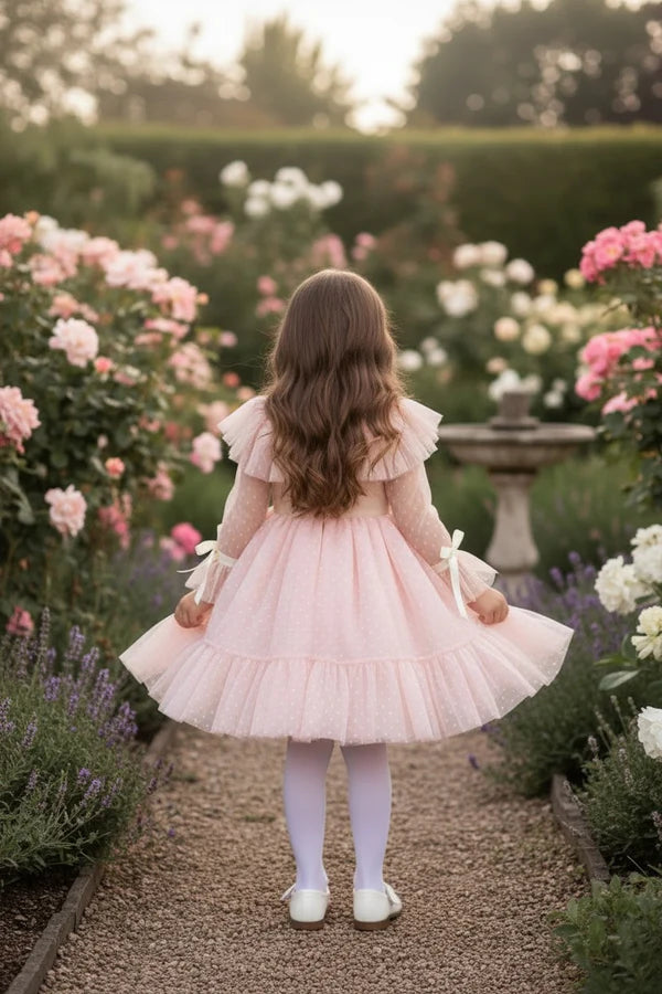Blush Dot Tulle A Line Ruffle High Neck Long Sleeve Bow Plain Back Knee Length Flower Girl Party Dress