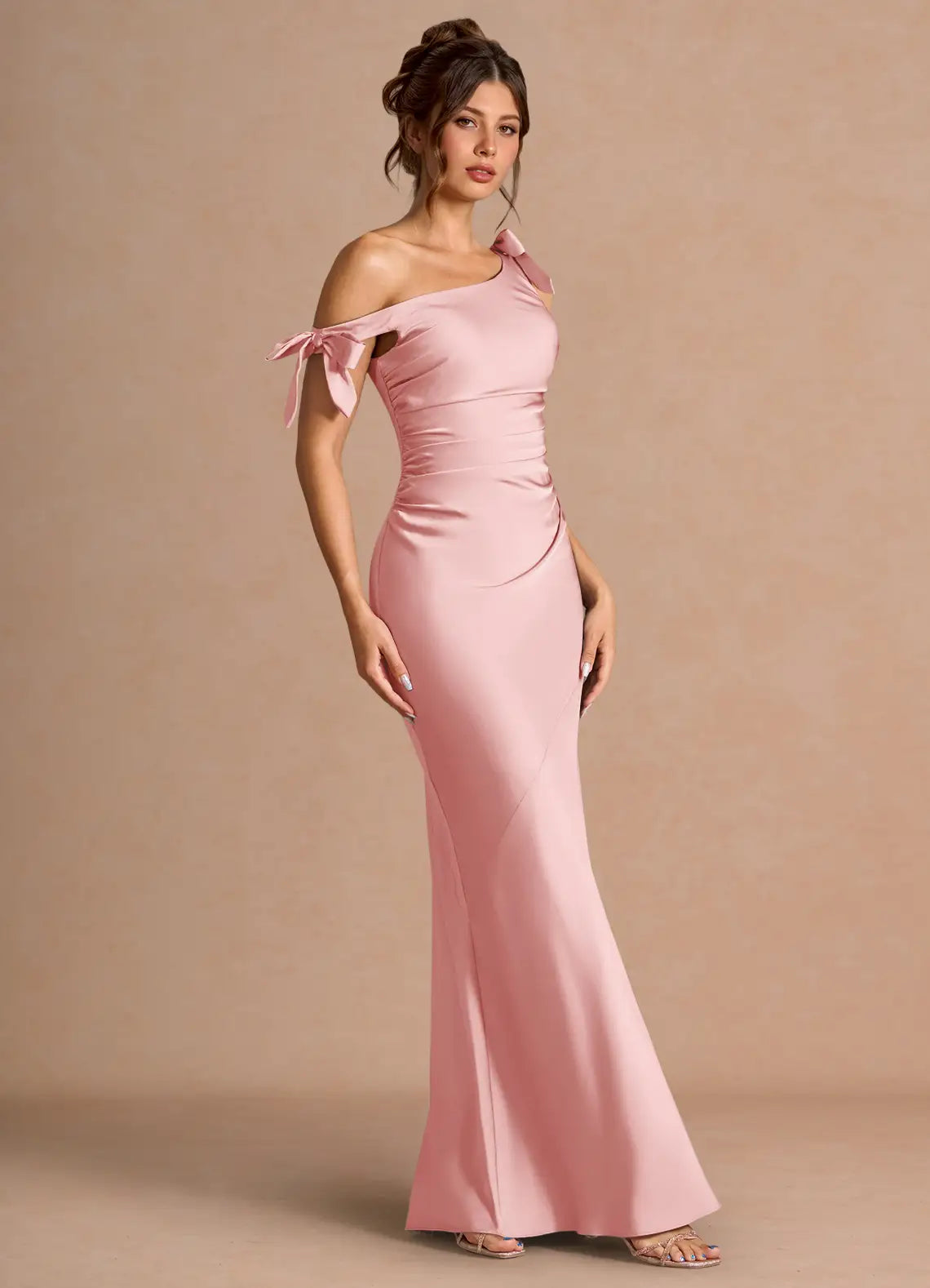 Blush Floor-Length Asymmetrical Off-Shoulder Bow Satin Mermaid Bridesmaid Dress