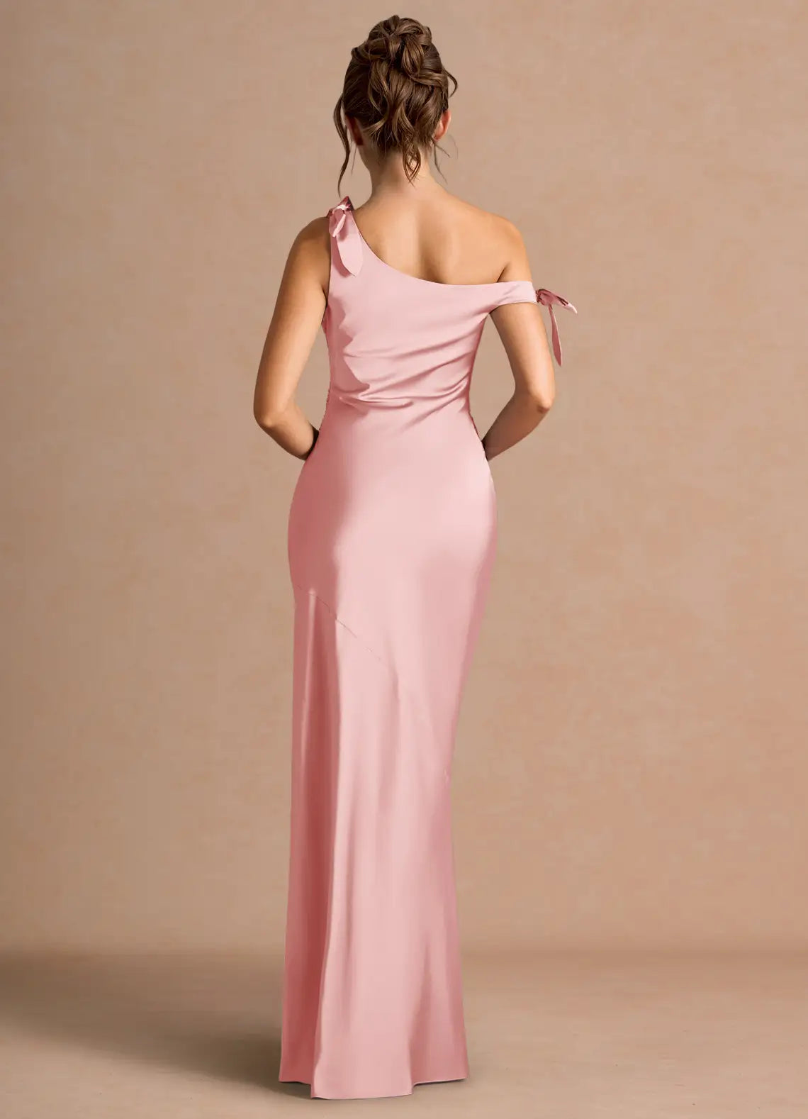 Blush Floor-Length Asymmetrical Off-Shoulder Bow Satin Mermaid Bridesmaid Dress