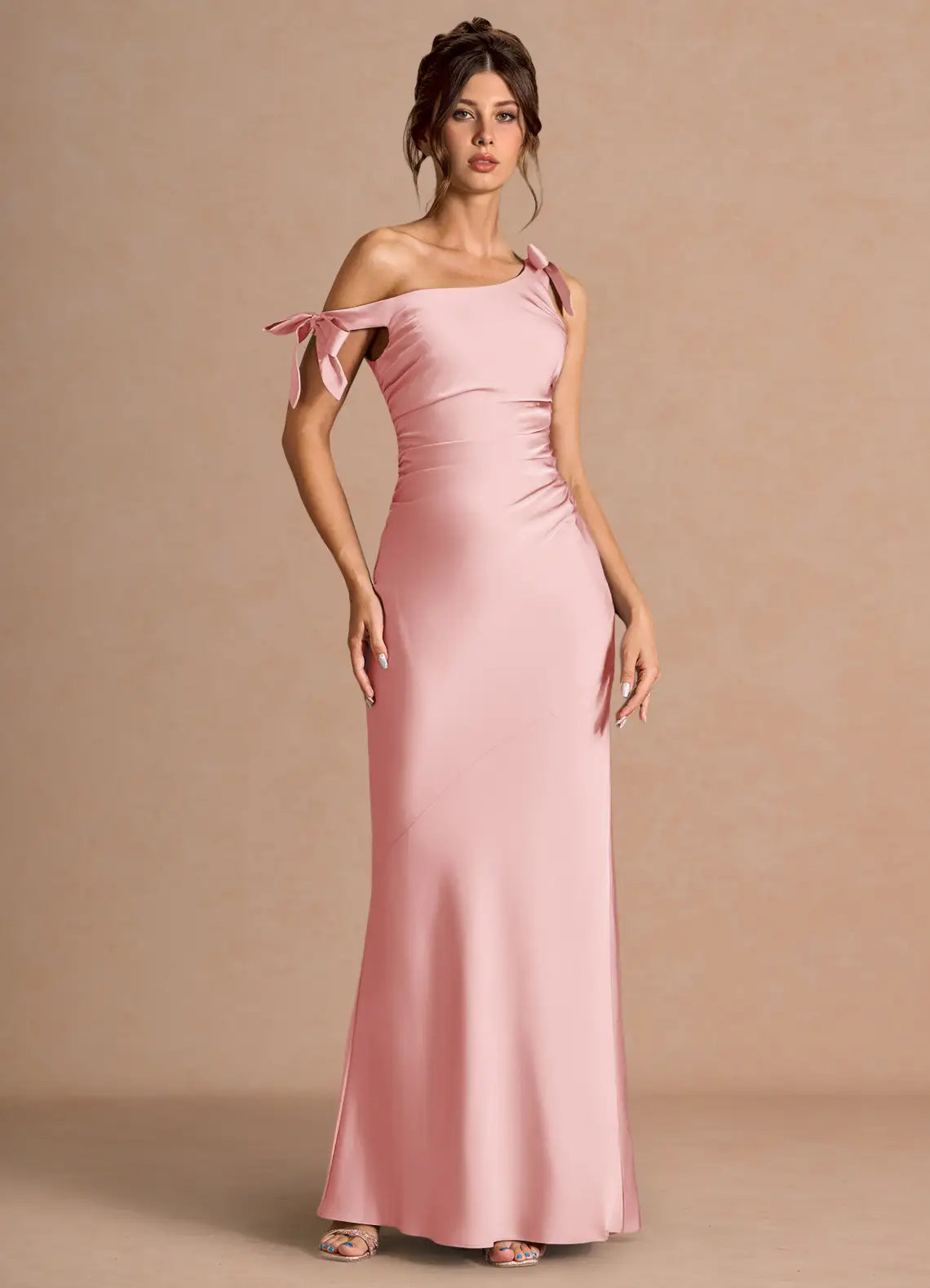 Blush Floor-Length Asymmetrical Off-Shoulder Bow Satin Mermaid Bridesmaid Dress