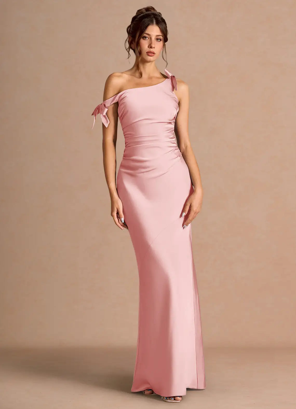 Blush Floor-Length Asymmetrical Off-Shoulder Bow Satin Mermaid Bridesmaid Dress
