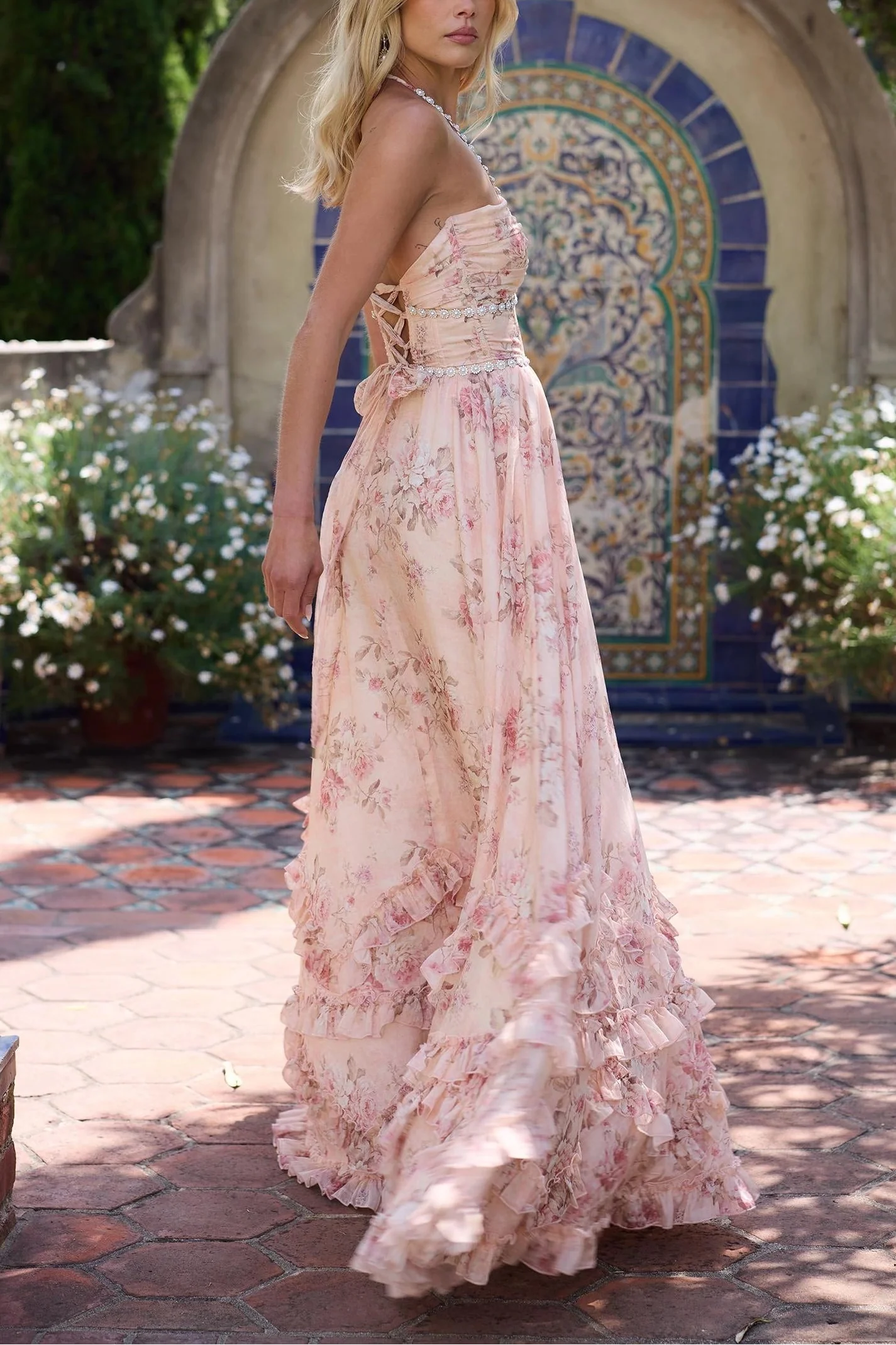 Blush Floor-Length Halter-Neck Crystal-Trim Floral-Print Ruffled Wedding Guest Dress