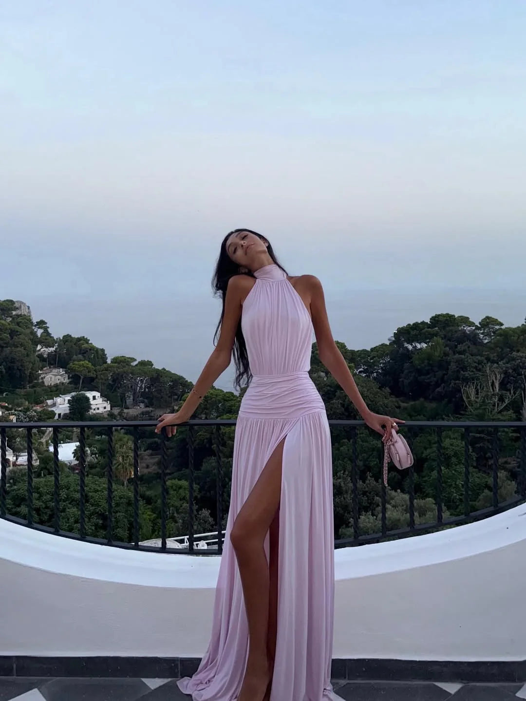 Blush Floor-Length Halter-Neck Open-Back High-Slit Wedding Guest Dress