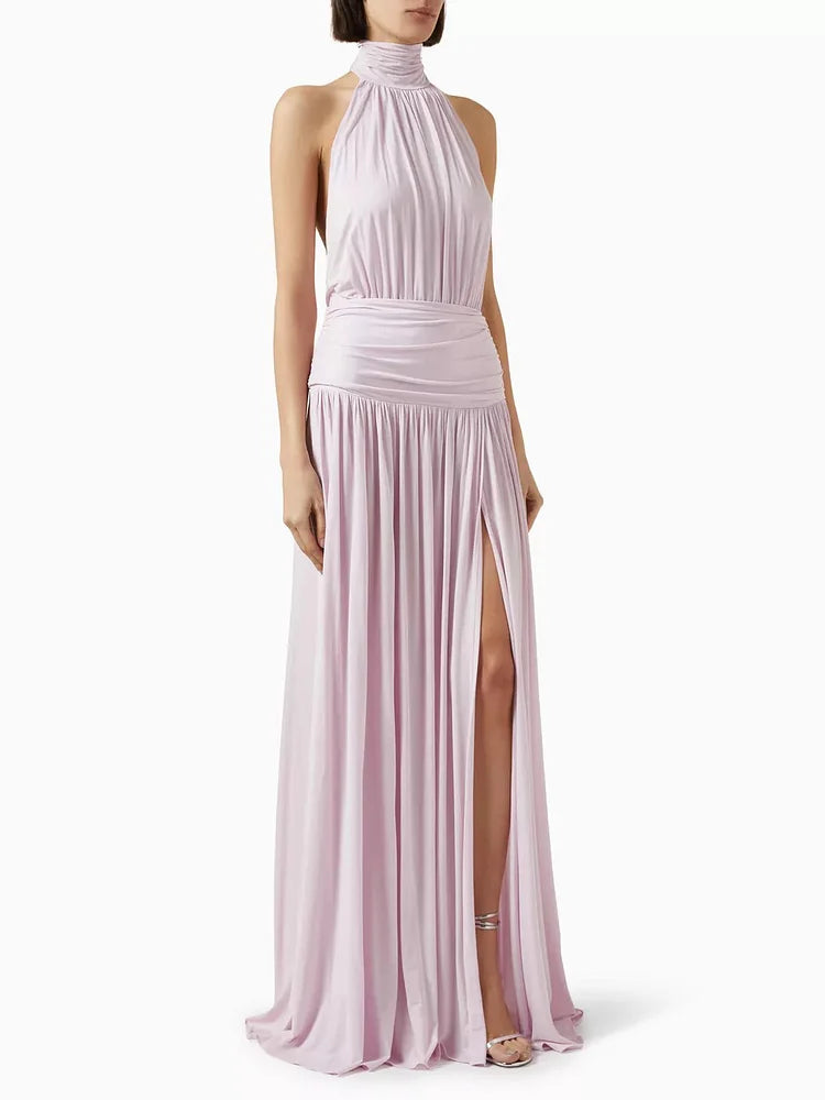 Blush Floor-Length Halter-Neck Open-Back High-Slit Wedding Guest Dress