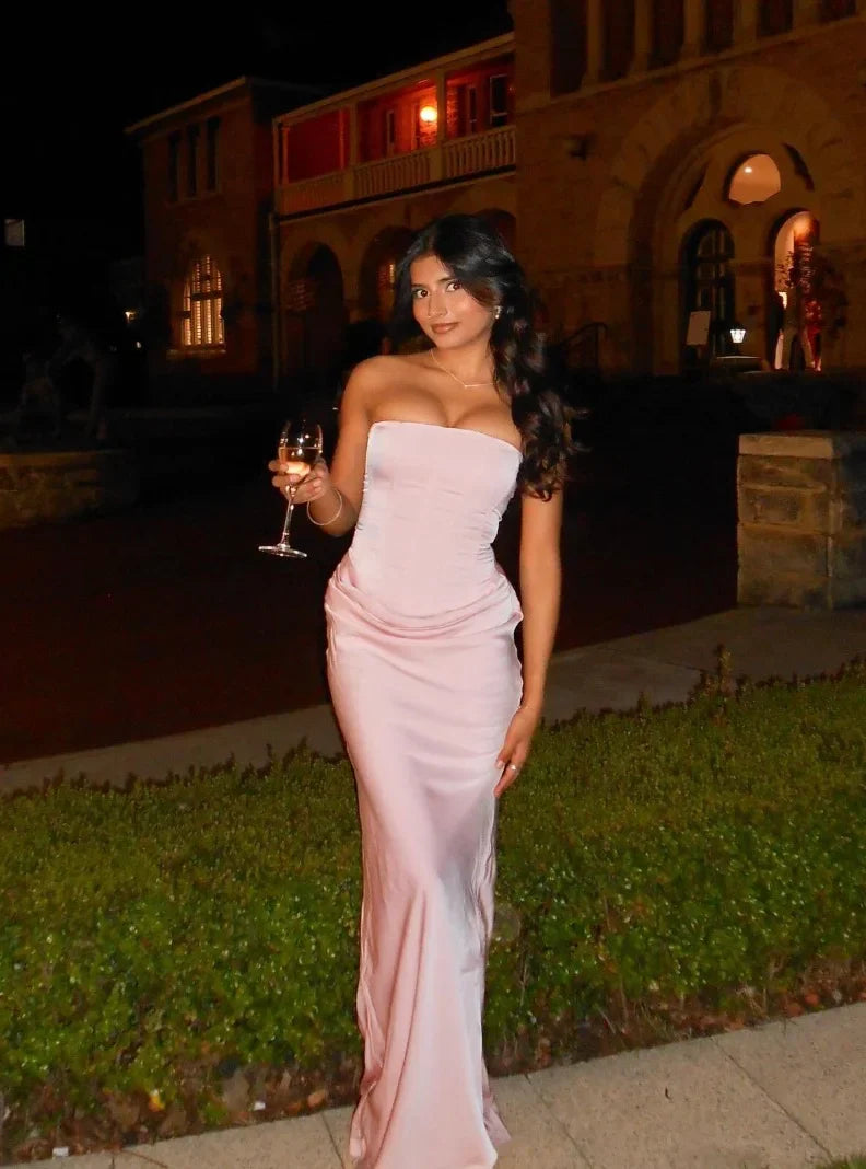 Blush Floor-Length Strapless Corset Lace-Up Mermaid Wedding Guest Dress