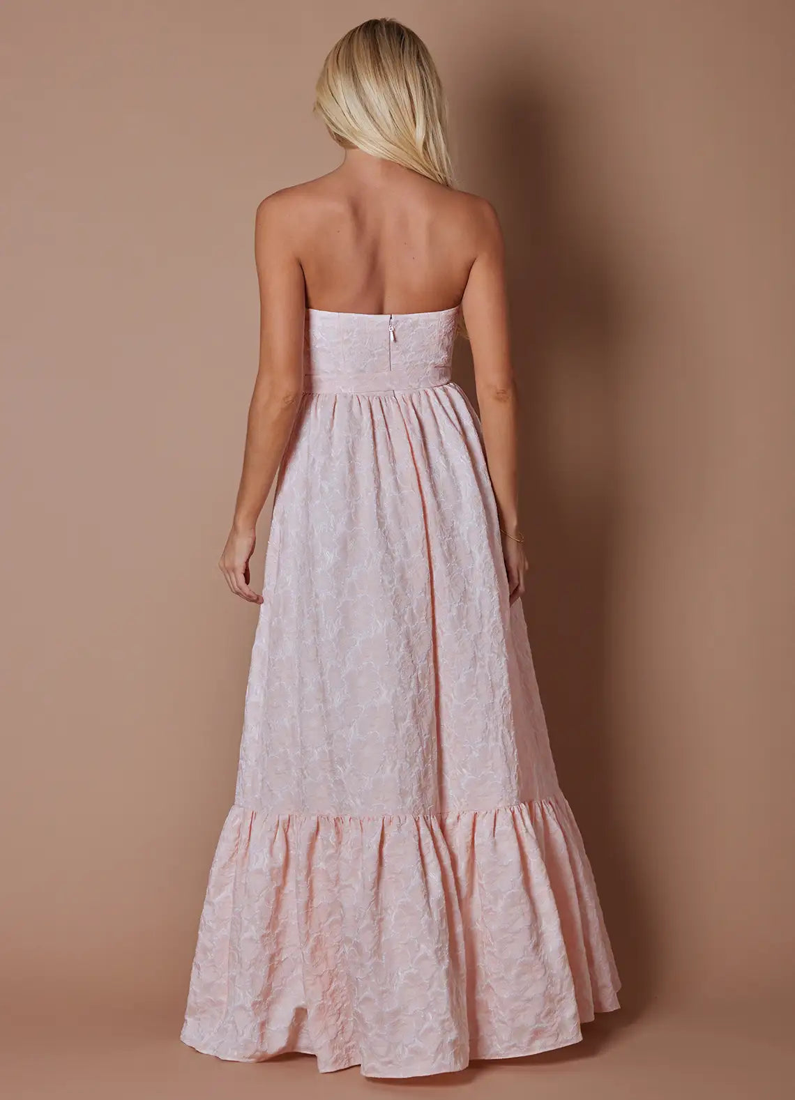 Blush Floor-Length Strapless Textured Floral Tiered Ruffle Bridesmaid Dress